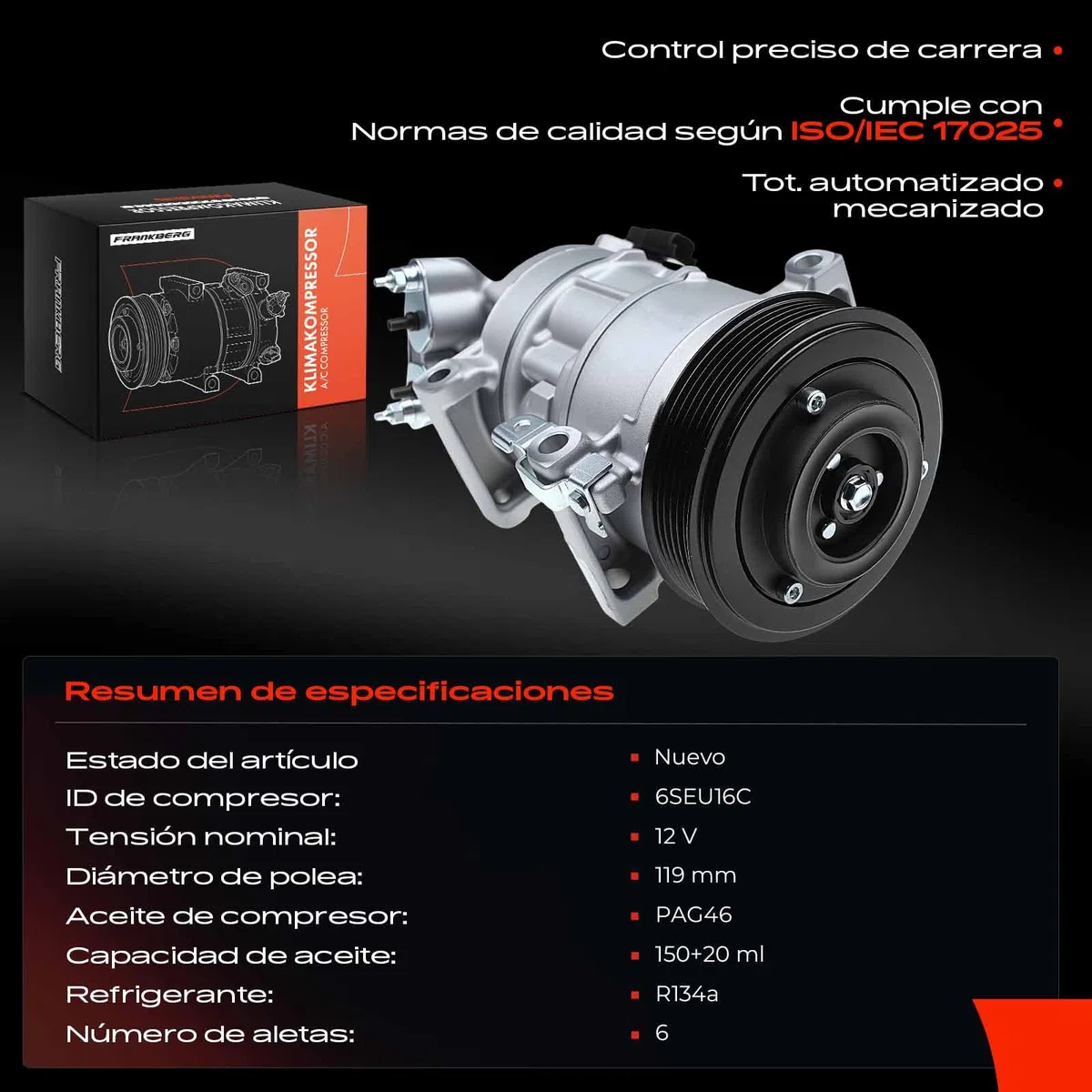 Frankberg Compresor de aire acondicionado con embrague Compatible con Berlingo Multispace B9 308 CC 4B 308 SW I 4E 4H C4 Cactus 3008 MPV 0U Replace# 9676862380incl. aceite premezclado
