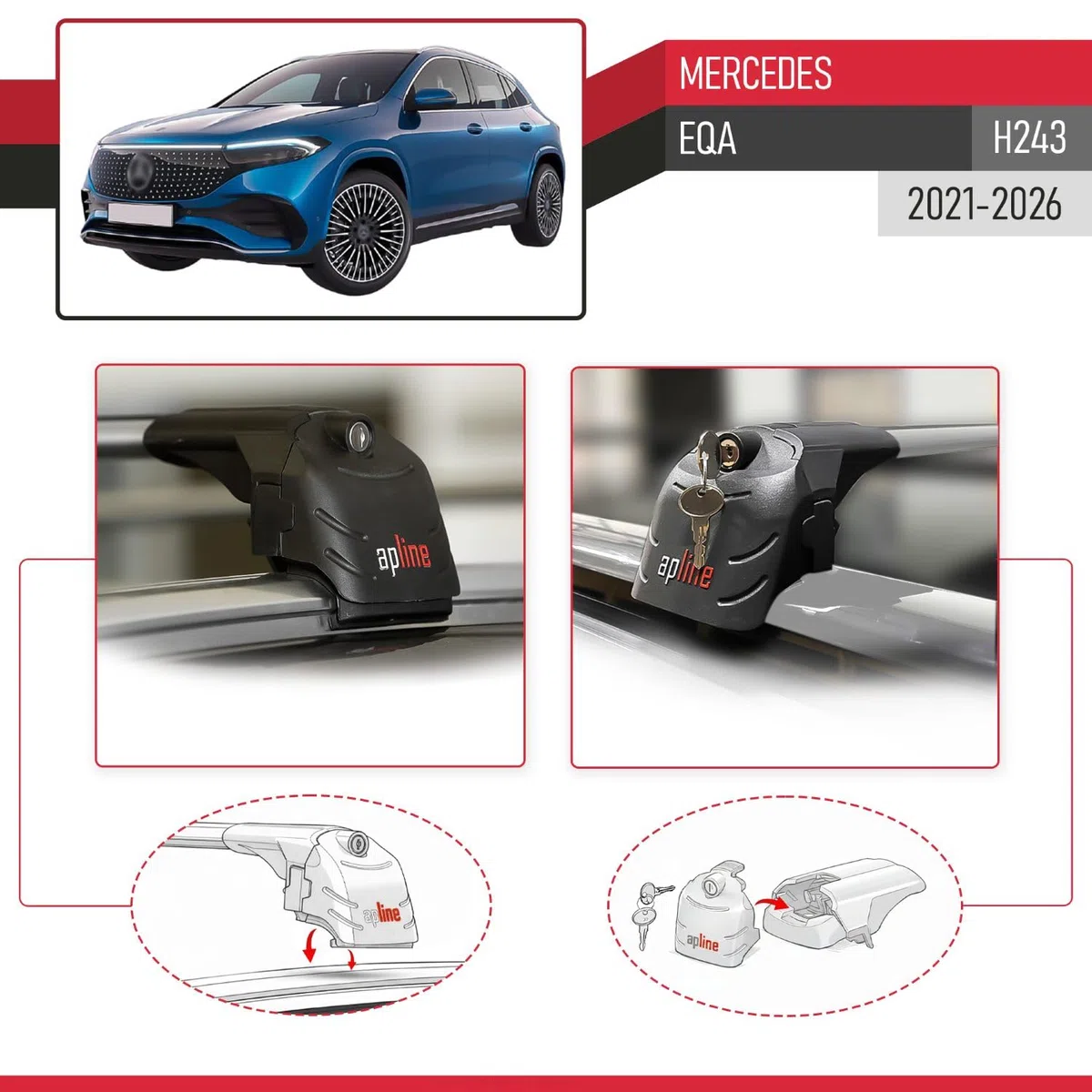 Compatible con Mercedes EQA (H243) 2021-2026 Modelo Ace-2 Barra de Techo Auto Portaequipajes Barras Transversales Gris Aluminio 2 Barras