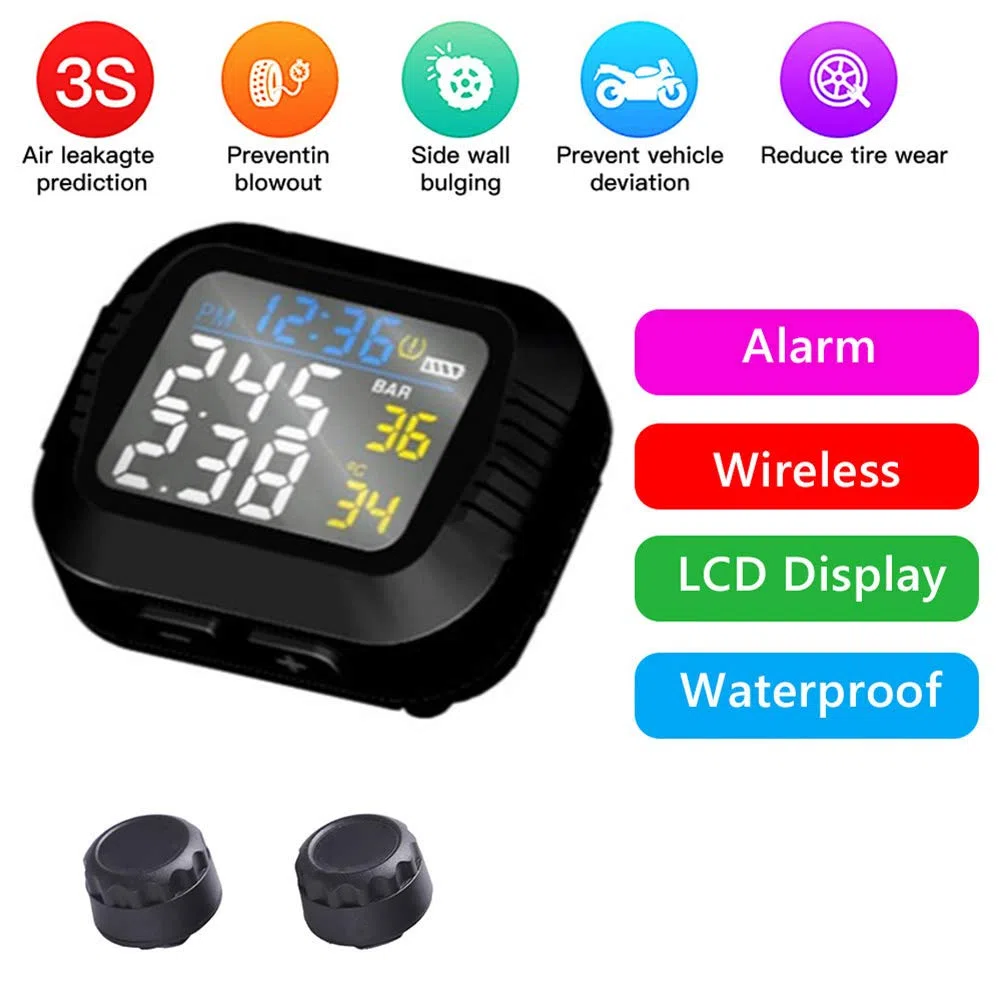 de Monitoreo de PresióN de NeumáTicos en Tiempo Real para Motocicletas a de Agua Pantalla LCD InaláMbrica Sensor Externo TPMS