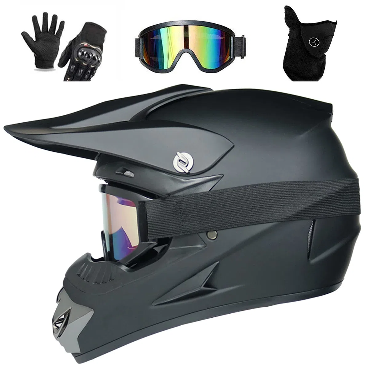 Casco de Moto Negro Mate,Casco Cross with Gafas Guantes Máscara a Prueba de Viento Casco Descenso Incluye 4 Tamaños de Forro de Casco