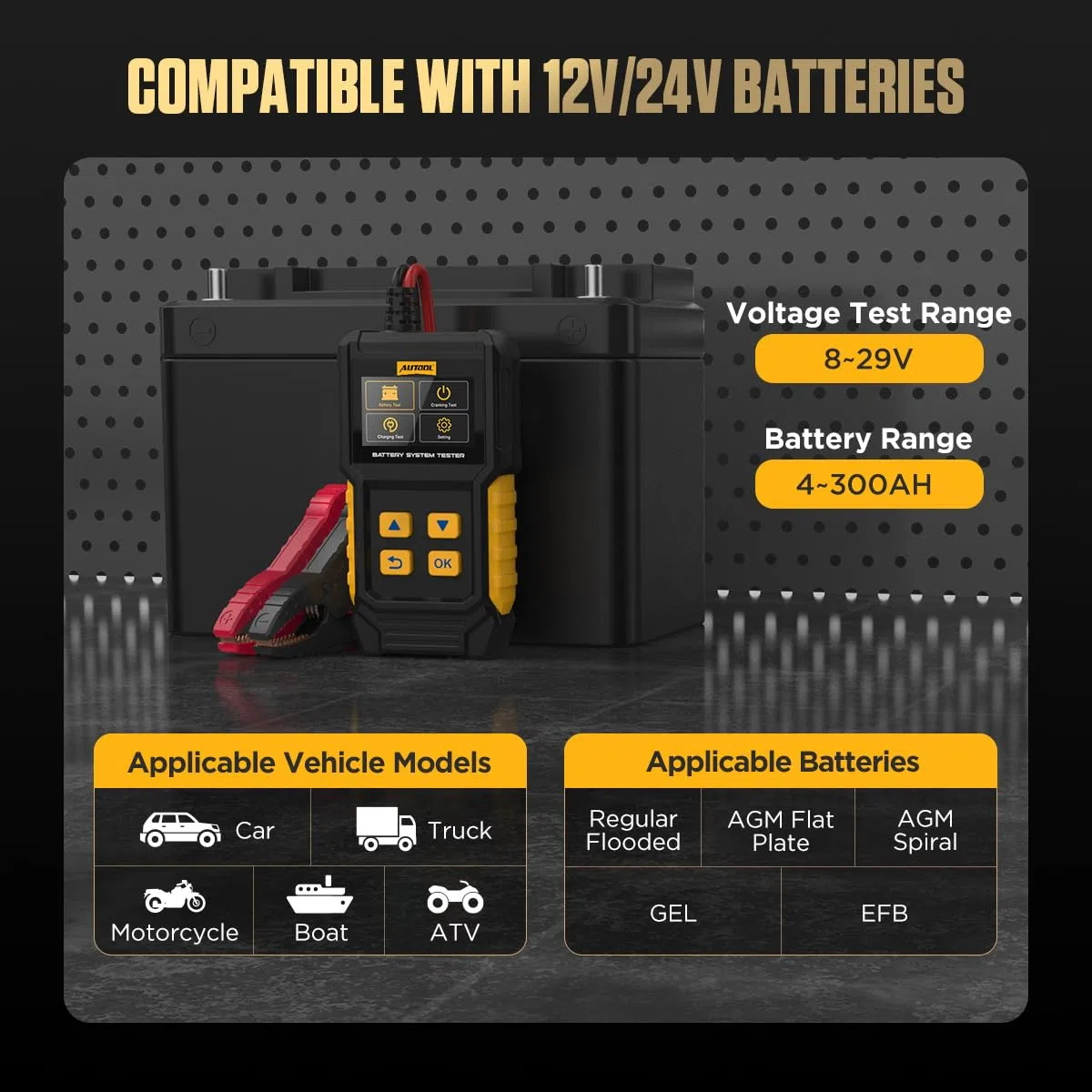 AUTOOL BT360 Comprobador de batería de coche 12 V 24 V 30 – 2000 CCA probador de batería de coche, analizador de sistema de carga y arranque para coches, motos, camiones, barcos, todoterrenos