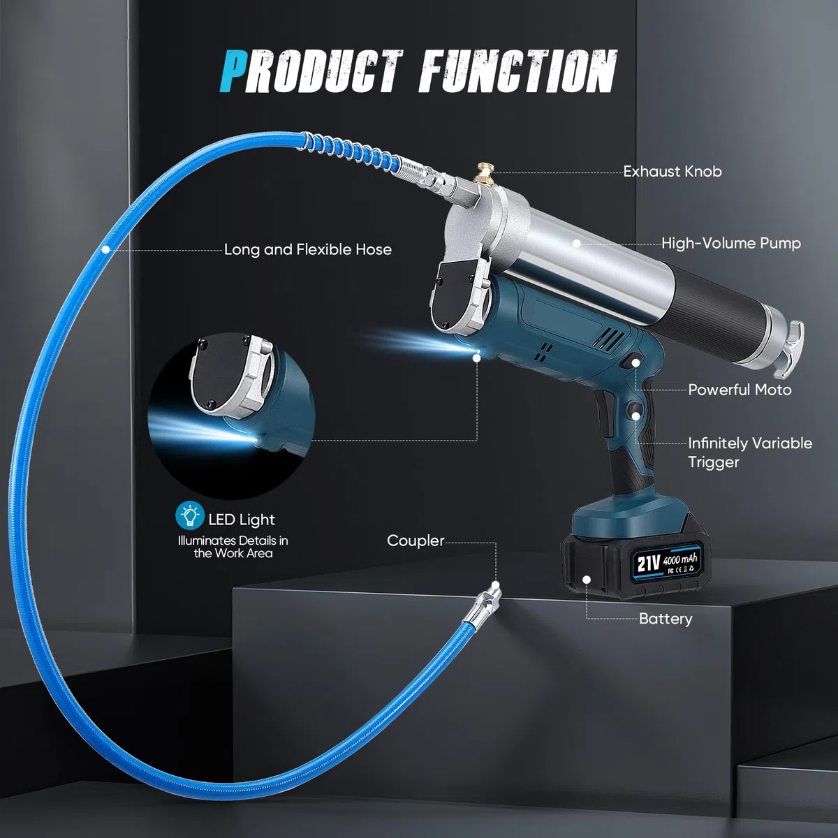 Engrasadora Bateria, Battery Grease Gun de Alta Eficiencia de 5.3oz/min 12 000PSI con 2*4 Ah y Cargador, Manguera de 100 cm, luz LED, Capacidad de 600 ml para Camiones, Granjas, Construcción