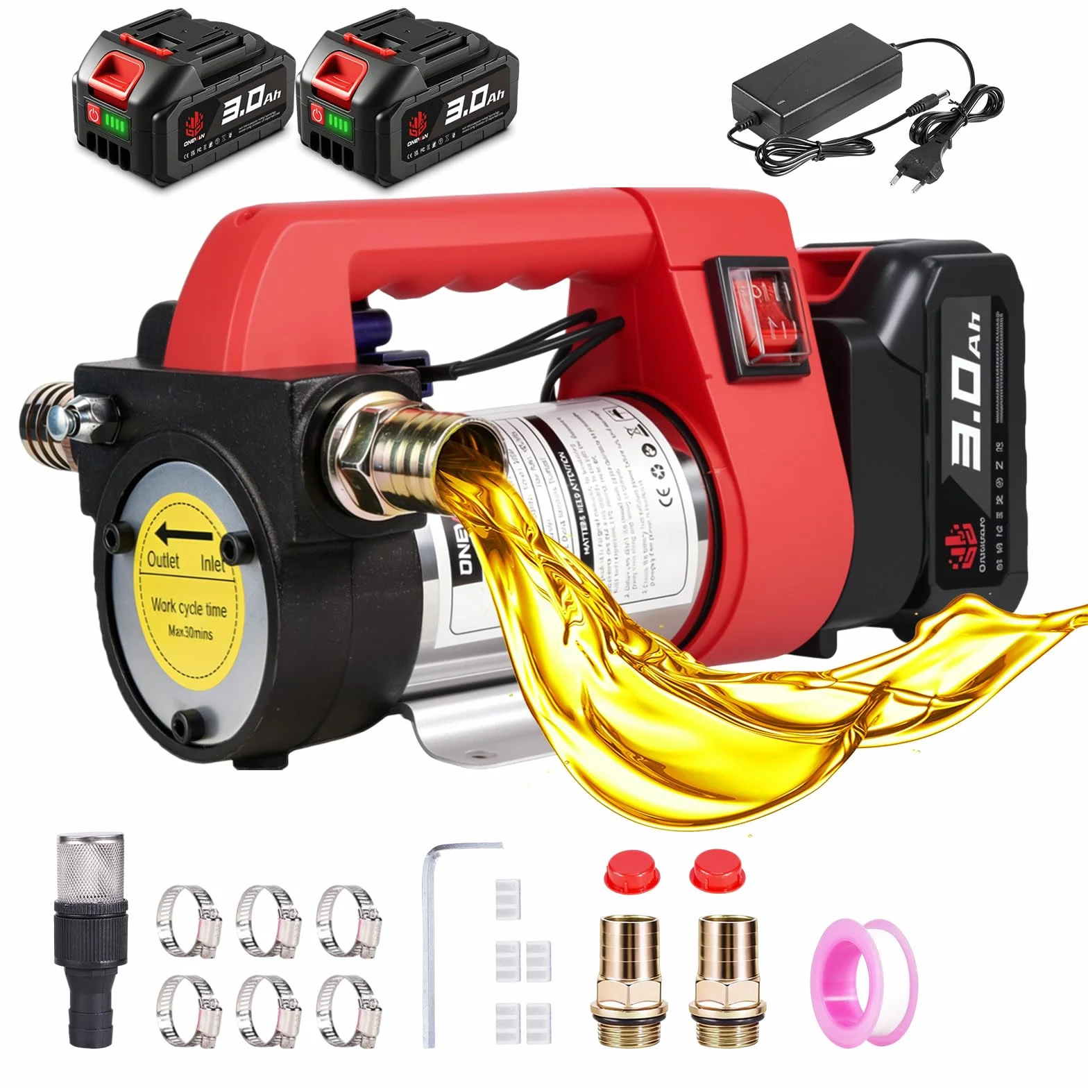 ONEVAN Bomba de Gasoil Inalámbrica 50L/min, Bomba de Combustible Eléctrica Inalámbrica & Bomba de Gasoil Portátil con 2x 3.0Ah Baterías, Para Gasoil y Queroseno – Ideal para Tractor, Camión, Barco