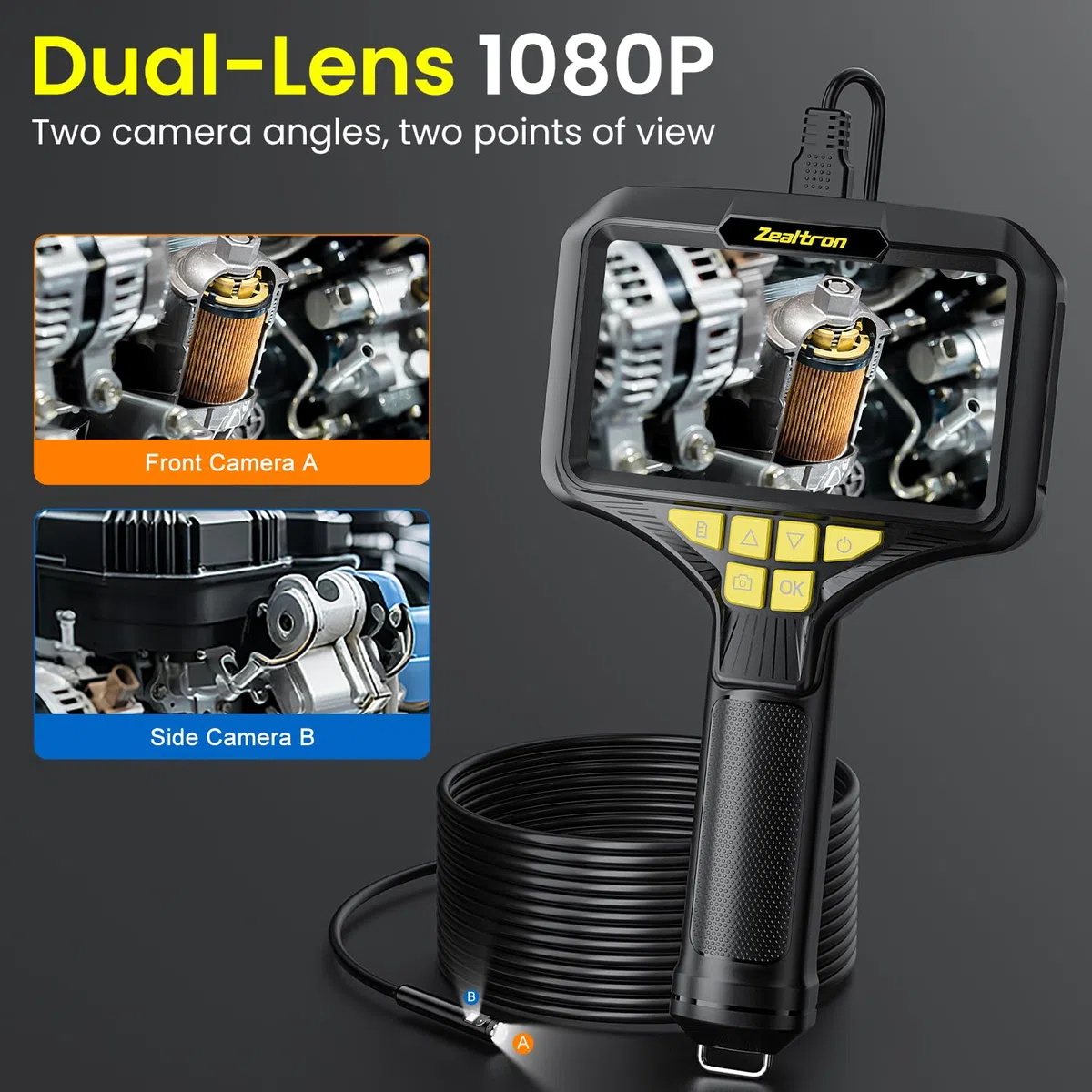 Cámara Endoscópica de Doble Lente, 1080P HD 5" Pantalla IPS Endoscopio Camara de Inspeccion con 8+1 Luces LED, Camara Inspeccion Tuberias Impermeable IP67, Cable Semi-Rígido de 5M