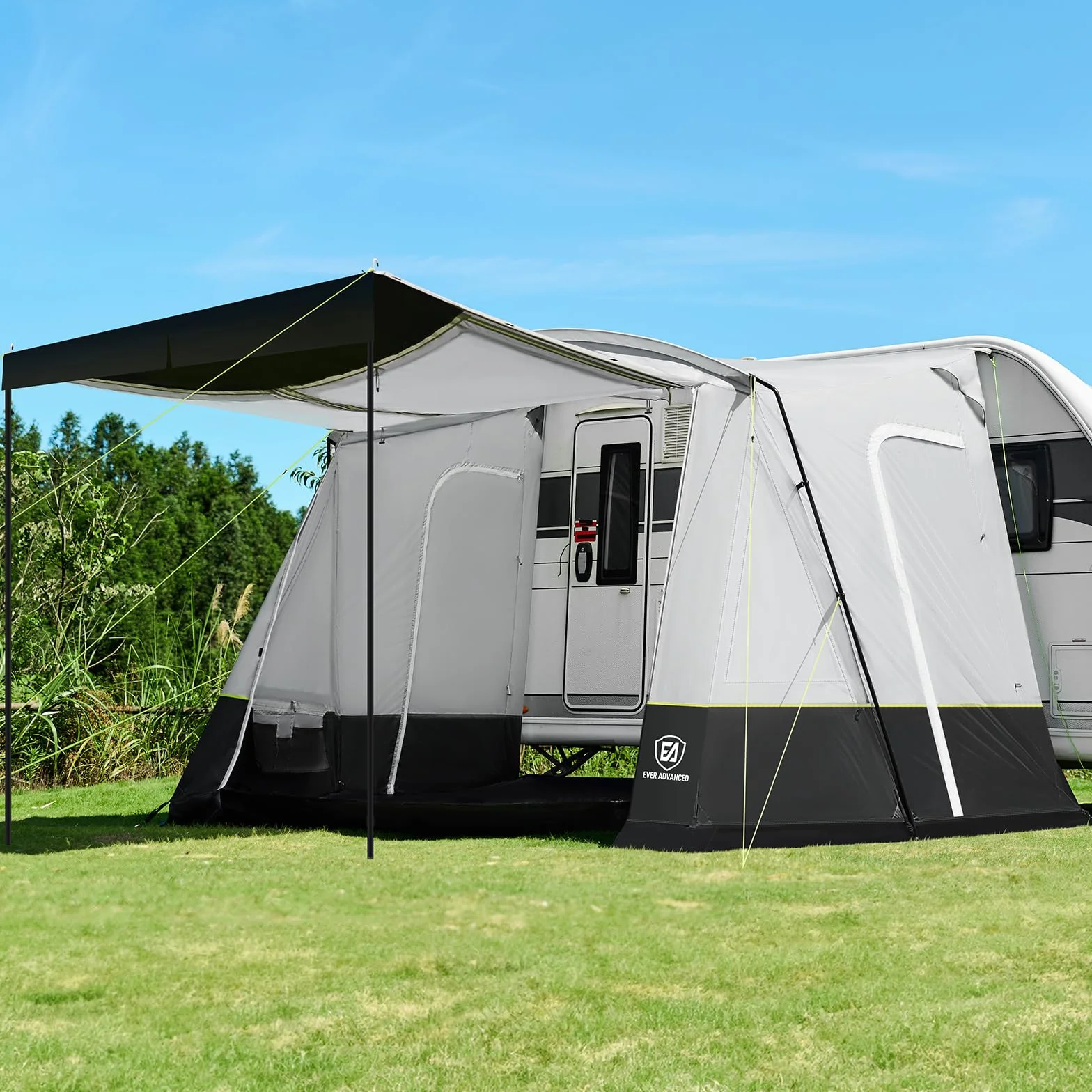 EVER ADVANCED Toldo para caravana 350 x 260 x 245 cm para autocaravana con 2 ventanas, puerta lateral, puerta más grande como techo, toldo de viaje PU 3000 mm resistente al agua, adecuado para viajes