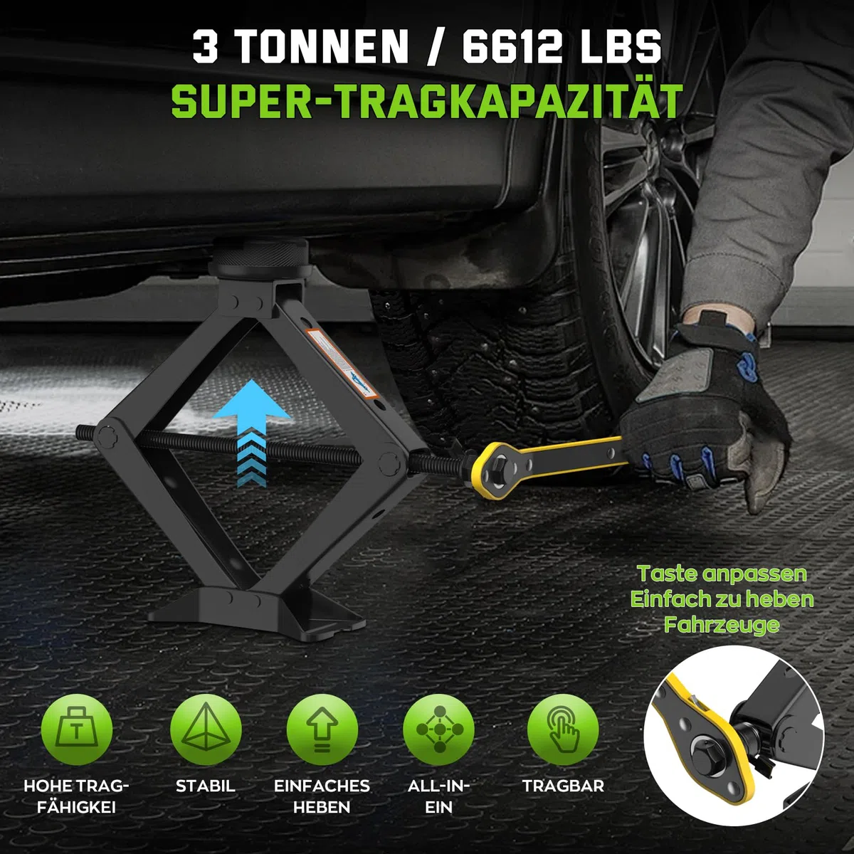 Nuevo Universal Gato para Coche 3T/3000KG, 2026 Gato Coche Portátil con 2 Pcs Bloque De Goma, con Llave de Tuercas de Rueda,Evita Rayaduras en el Vehículo,Herramientas de Emergencia para SUV MPVTesla