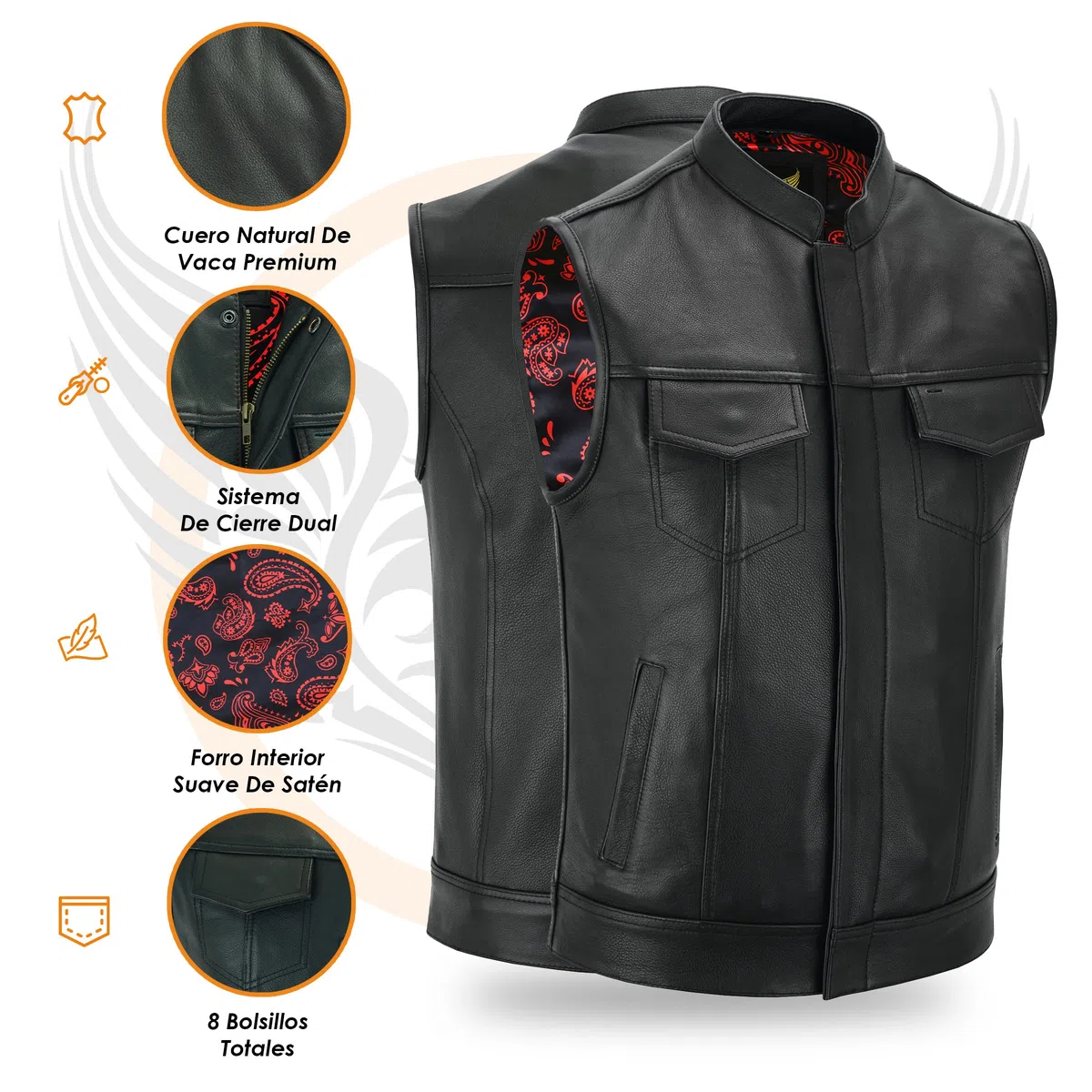 Leatherick Chaleco de cuero para hombre Groove Club - Forro de satén de cachemira tradicional con costuras negras, negro/blanco
