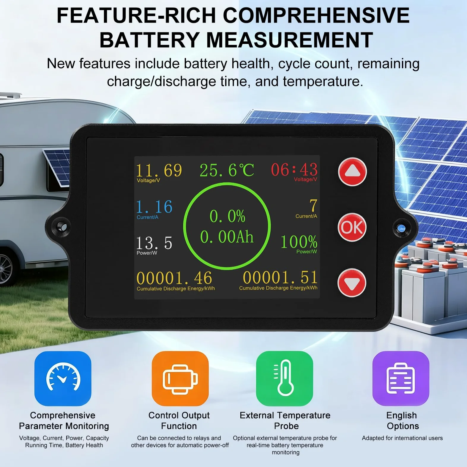 Monitor de Batería DC8-100V 100A comprobador de batería capacidad Indicador de Voltaje corriente con 100A corriente de cobre puro shunt sensor de temperatura y función de alarma