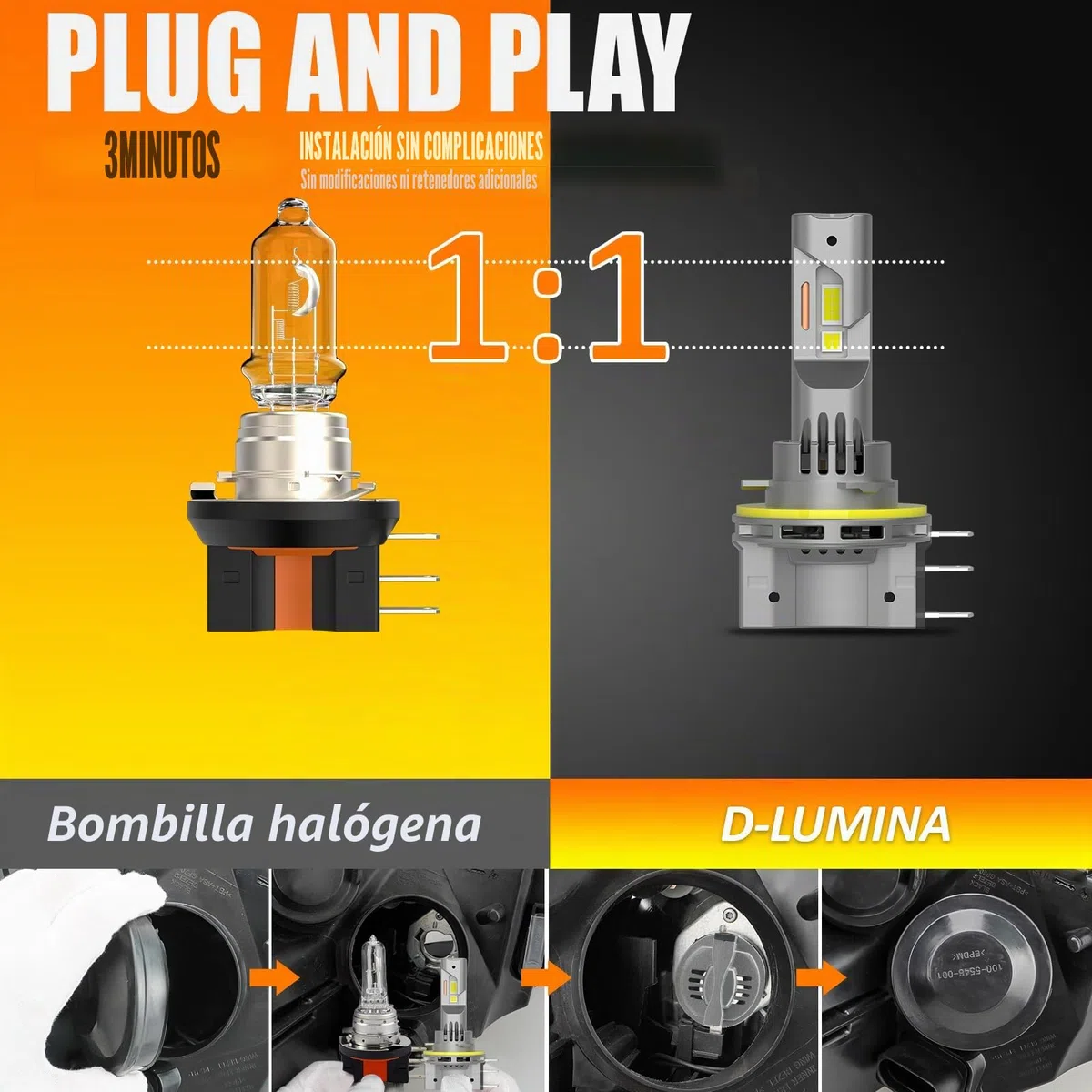 D-Lumina Bombilla H15 LED Canbus, 100W 12000lm 6500K，antierrores luz deslumbrante blanca súper luminosa y luz de circulación diurna, con efecto de refrigeración mediante ventilador,paquete de 2