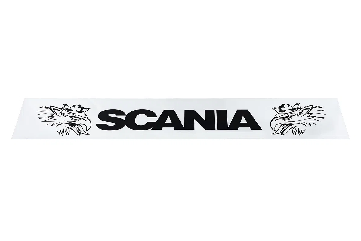 Faldilla faldón de guardabarro Trasero Largo Apto para camión y Remolque Scania con inscripción de Goma Blanca Flexible y Resistente 240 x 35 cm
