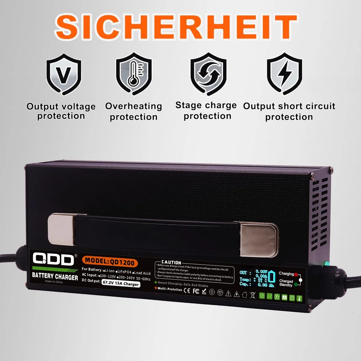 QDD Cargador de batería de litio de 60 V, 67,2 V, 16S, 15 A, de alta potencia, pantalla OLED inteligente, carcasa de metal