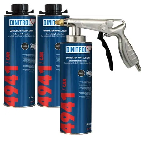 Cera Dinitrol 4941 para carrocería inferior de vehículo (color negro) 3 latas de 1 litro (con tapón de rosca estilo Schutz) y 1 pistola de aerosol estilo Schutz.