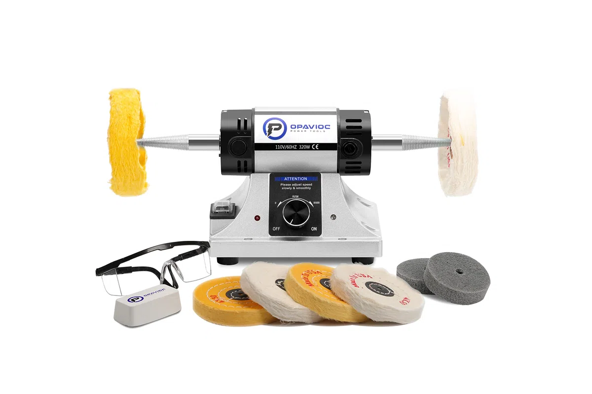Pulidora de joyería – amoladora de banco de velocidad variable ajustable, pulidora y pulidora, amortiguador dental y torno, incluye 6 ruedas de tela, 2 ruedas de fibra abrasiva, vidrio de