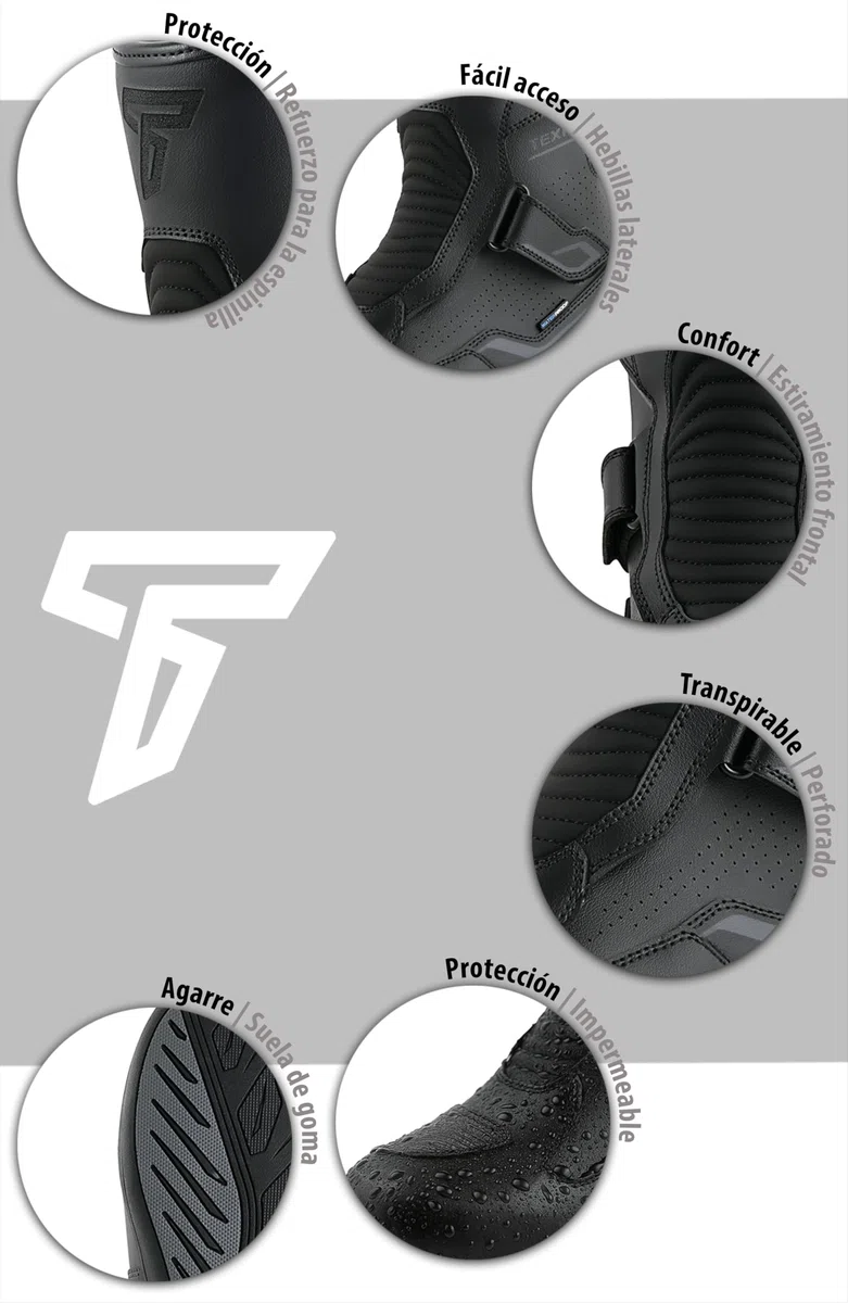 Texpeed Botas Moto Hombre Cuero - Cruiser 100% Botas De Moto Impermeables De Corte Corto Homologadas Por La CE - Negro - EU 43