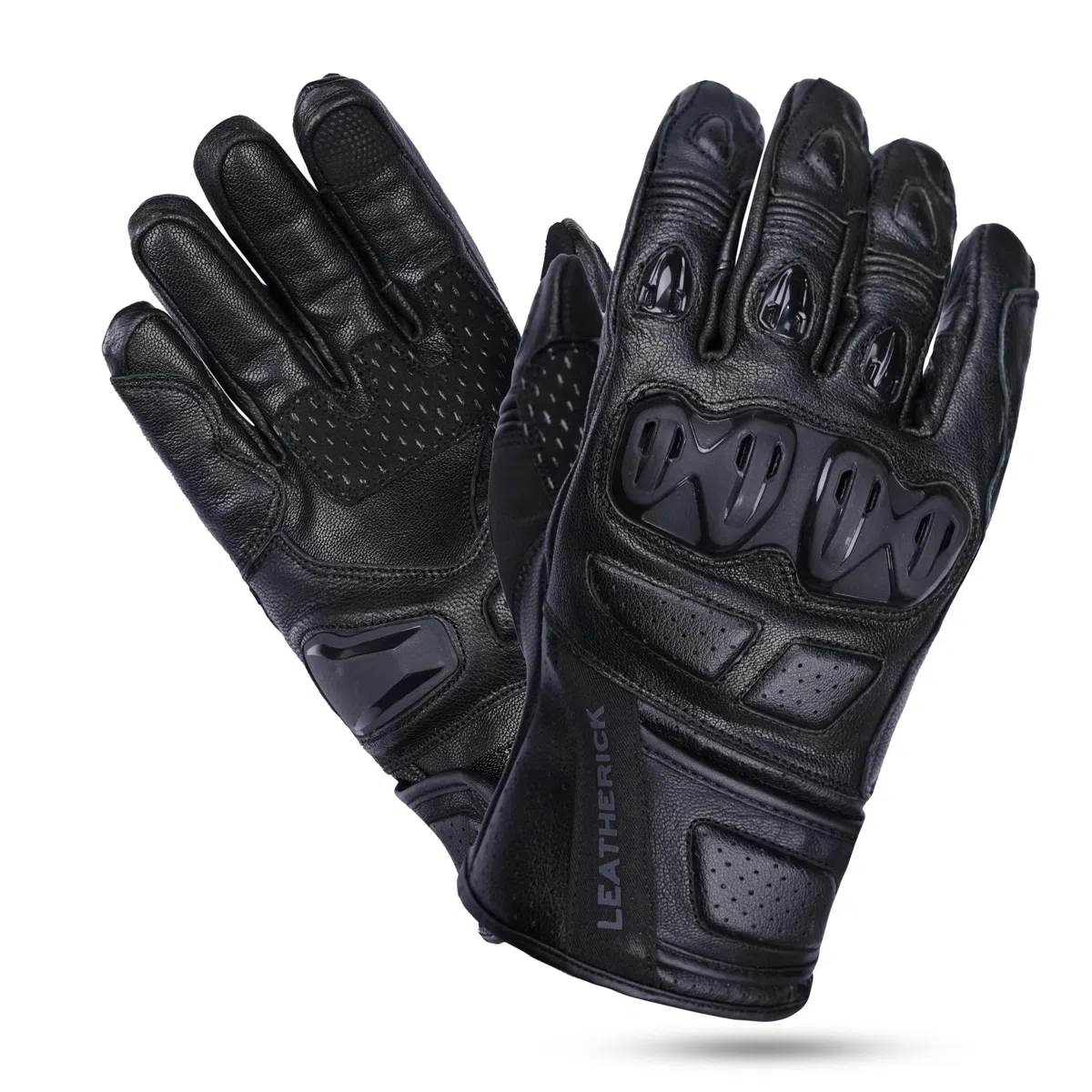Leatherick Guanti da Moto da Uomo in Vera Pelle Nera - Palmo Imbottito, Compatibilità Touch Screen, Guanti da Moto Certificati CE con Nocche Protettive