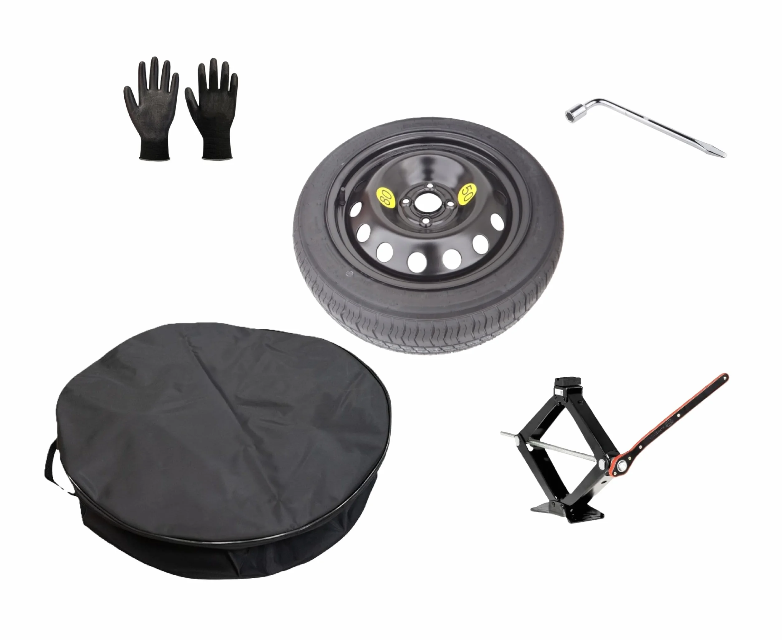 Kit de rueda de repuesto de 16 pulgadas compatible con Dacia Sandero – Sandero Stepway – Sandero Streetway con gato, llave, guantes y bolsa 125/90R16