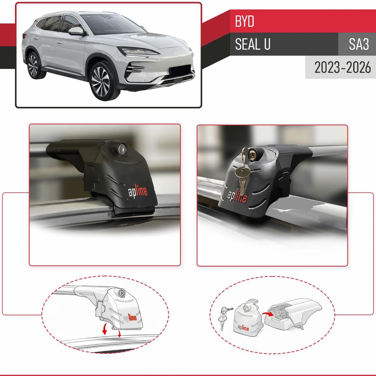 Compatible con BYD Seal U (SA3) 2023-2026 Modelo Ace-2 Barra de Techo Auto Portaequipajes Barras Transversales Gris Aluminio 2 Barras