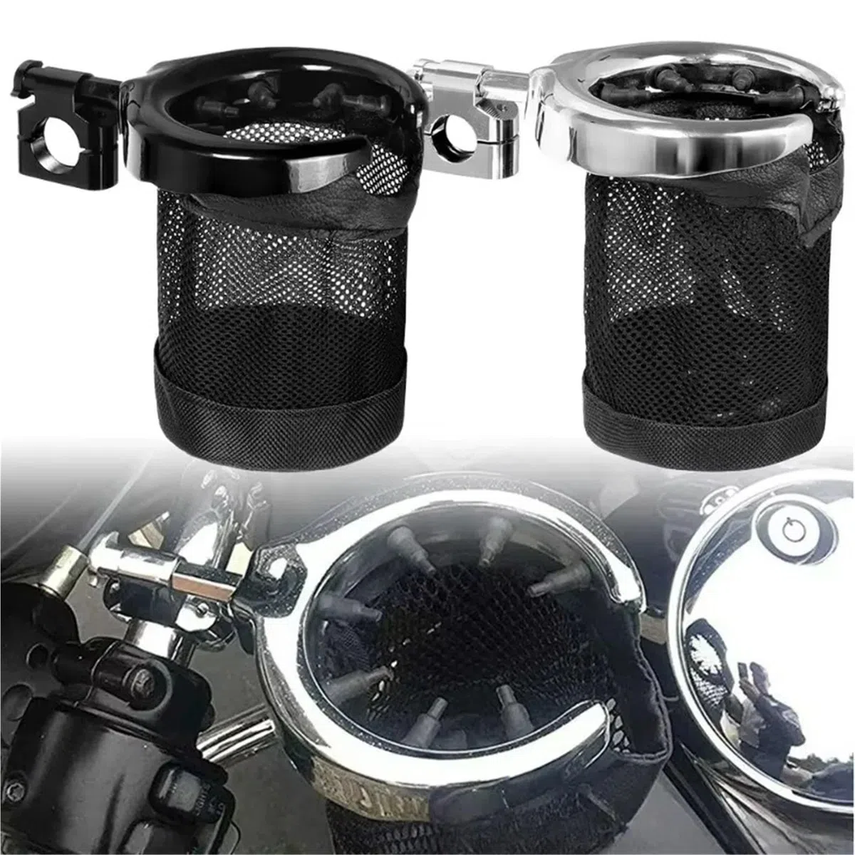 Soporte para vasos de moto Portavasos cromado para manillar de motocicleta Compatible con Harley Sportster Fatboy Dyna Softail Touring Road King (25 mm/22 mm) Soporte para bebidas de moto(Chrome 25mm)