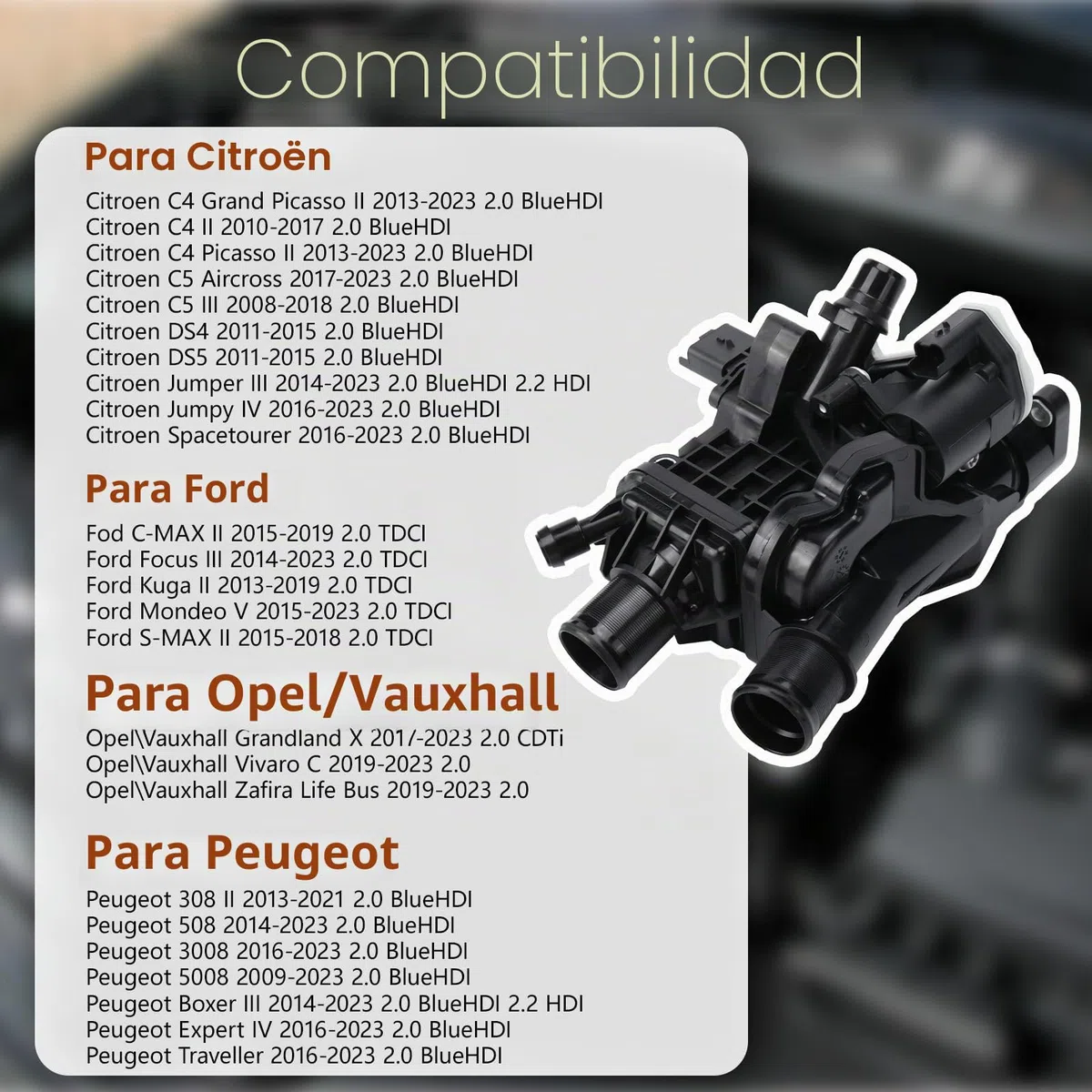 9849443980 Carcasa de termostato para Peugeot 508 Citroën C4 II C5 III, Termostato Refrigerante para Peugeot 308 3008 5008 DS4 Expert IV, Carcasa Termostato, 9849443980 9804160380