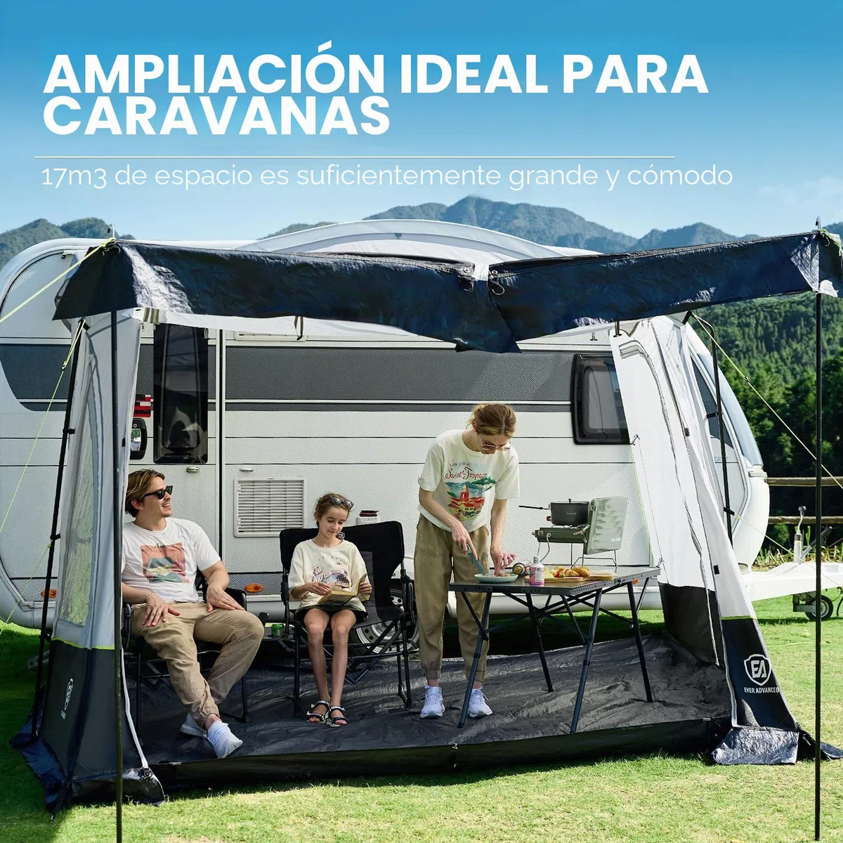 EVER ADVANCED Toldo para caravana 350 x 260 x 245 cm para autocaravana con 2 ventanas, puerta lateral, puerta más grande como techo, toldo de viaje PU 3000 mm resistente al agua, adecuado para viajes