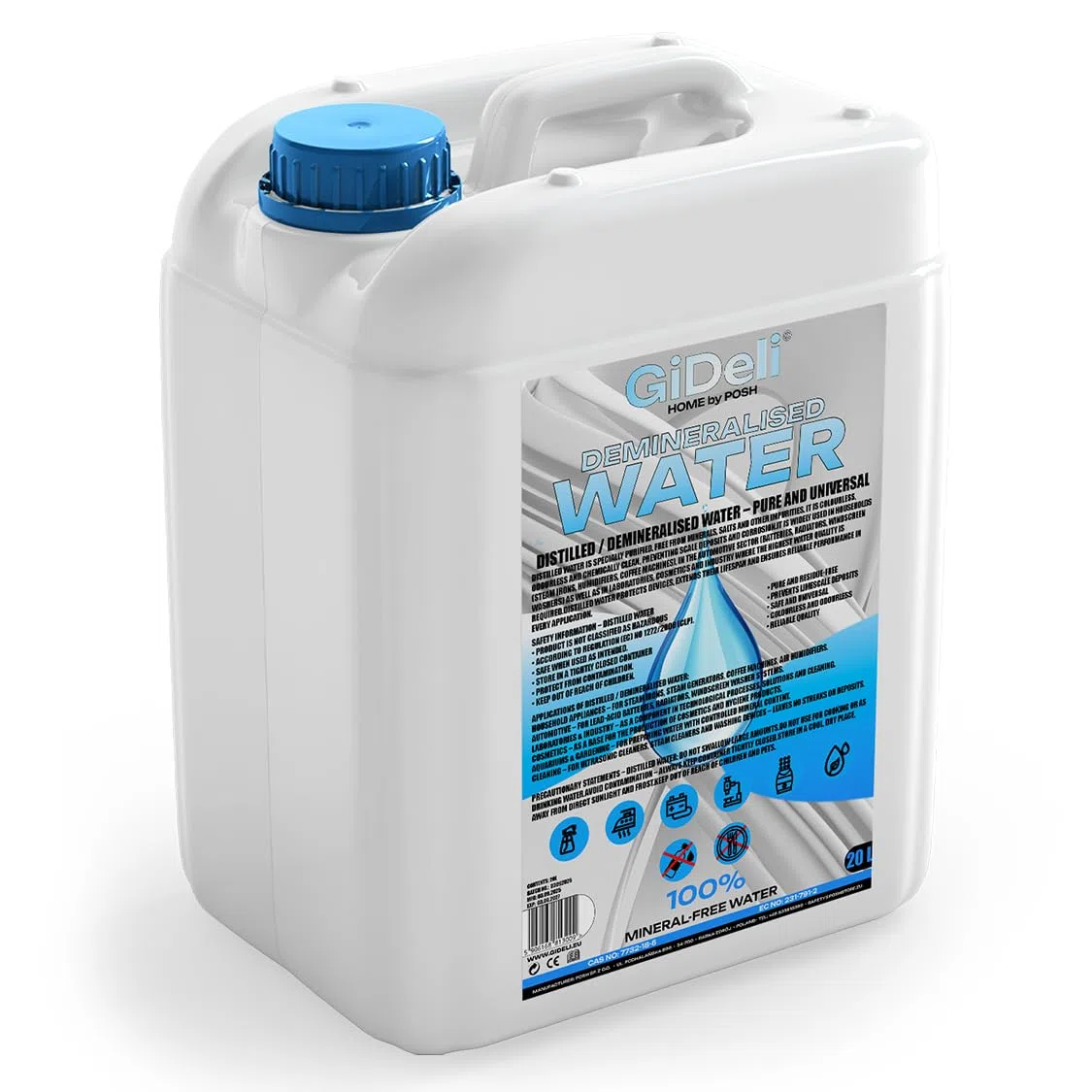 GiDeli Agua desmineralizada 20L agua destilada para planchas, baterías, radiadores, humidificadores, acuarios y laboratorios agua sin cal, inodoro, transparente