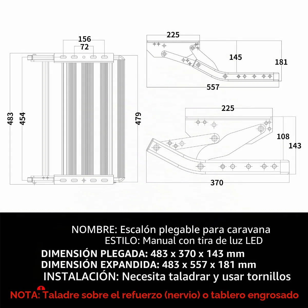 Pedal de Autocaravana Manual Plegable único Pasos con luz LED, Escalera, Pedal telescópico Antideslizante, para Autocaravana, Caravana