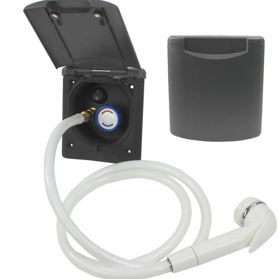 Generisch ABL - Toma de agua para exteriores, manguera de ducha para autocaravana, caravana o caravana, grifo mezclador + interruptor, color gris
