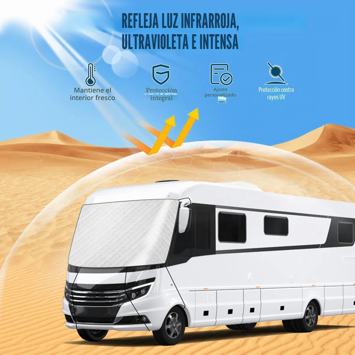 Funda para Parabrisas de Coche para Autocaravanas integradas, Funda Envoltura de Parabrisas de Lujo 600D para Clase A, Impermeable, Nieve, Hielo, Escarcha, Polvo, Sol (Plata)