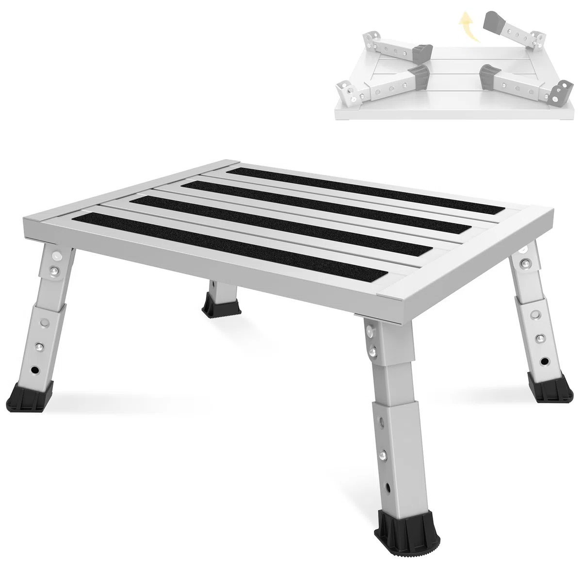 Taburete plegable y ajustable para caravana y autocaravana, escalón de metal resistente (350 kg), antideslizante, 3 niveles de altura (18-24 cm), portátil