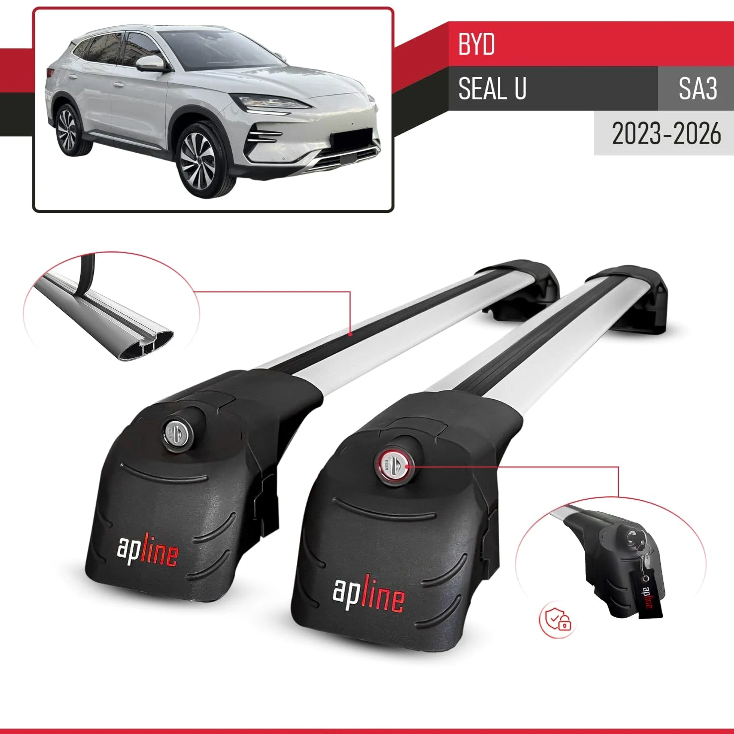 Compatible con BYD Seal U (SA3) 2023-2026 Modelo Ace-2 Barra de Techo Auto Portaequipajes Barras Transversales Gris Aluminio 2 Barras