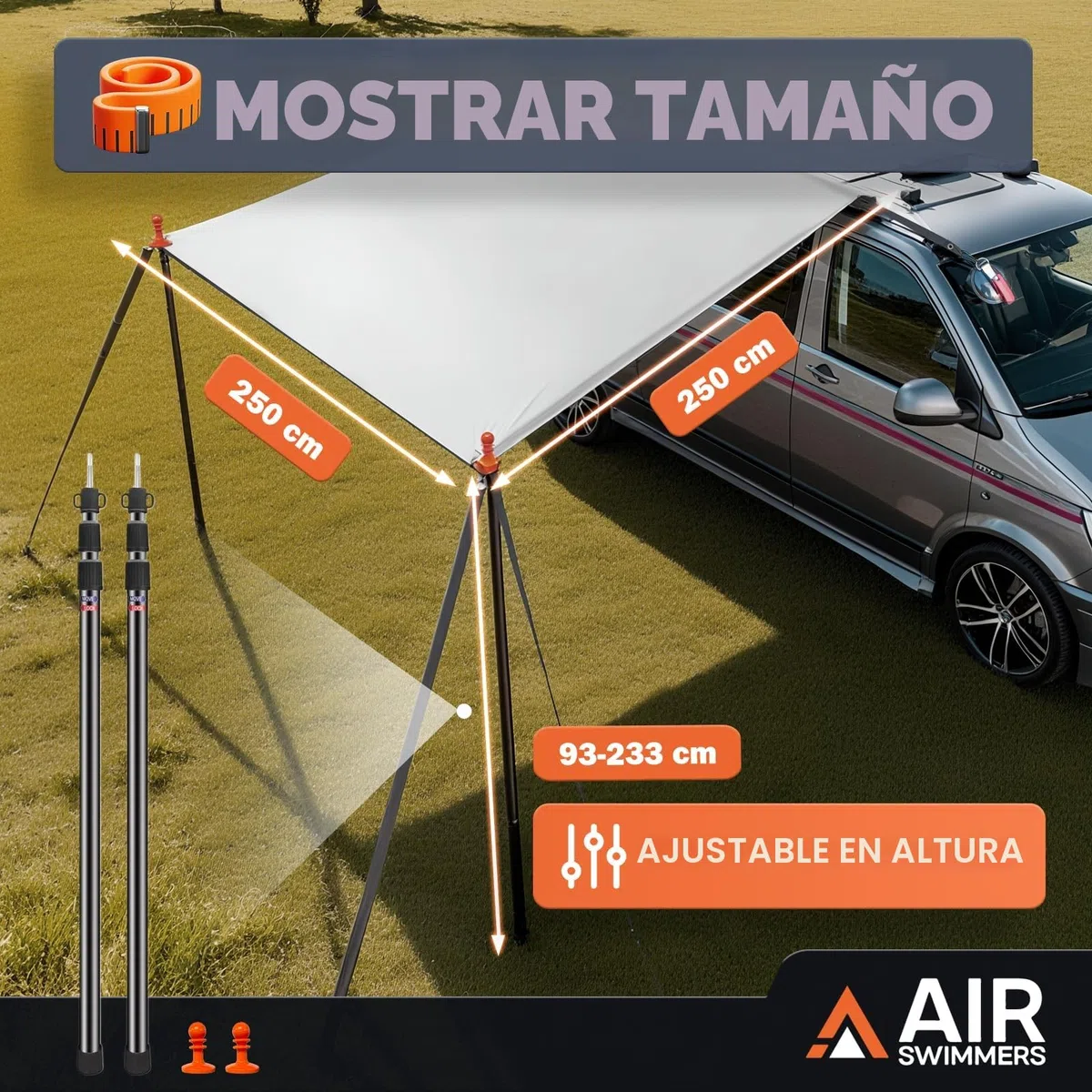 Toldo para furgoneta, toldo para caravana, toldo para coche, toldo para caravana, 250 cm, para Volkswagen T5, T4, T6, anti-UV (gris, 2,52 pulgadas de profundidad x 2,48 pulgadas de ancho x 2,35