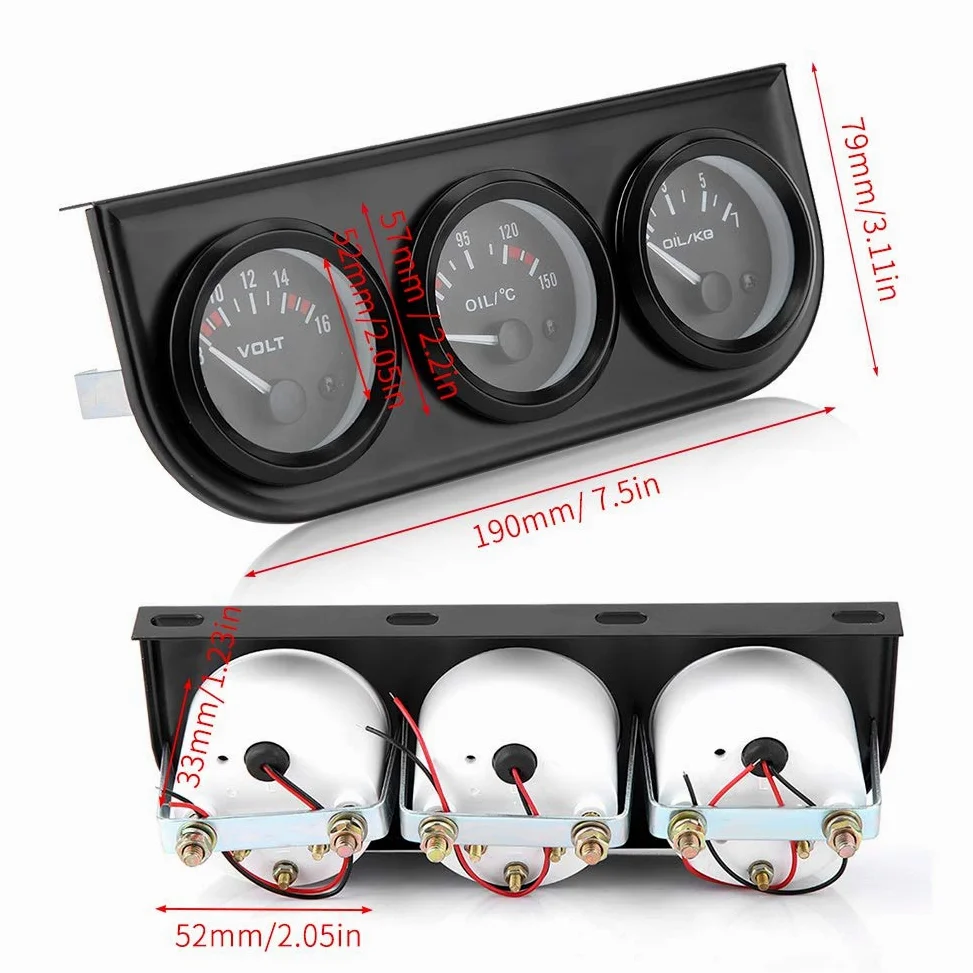 Kit de medidor triple de 52 mm, Voltímetro Medidor de Temperatura del Aceite y Medidor de Presión de Aceite para automóvil(12V)