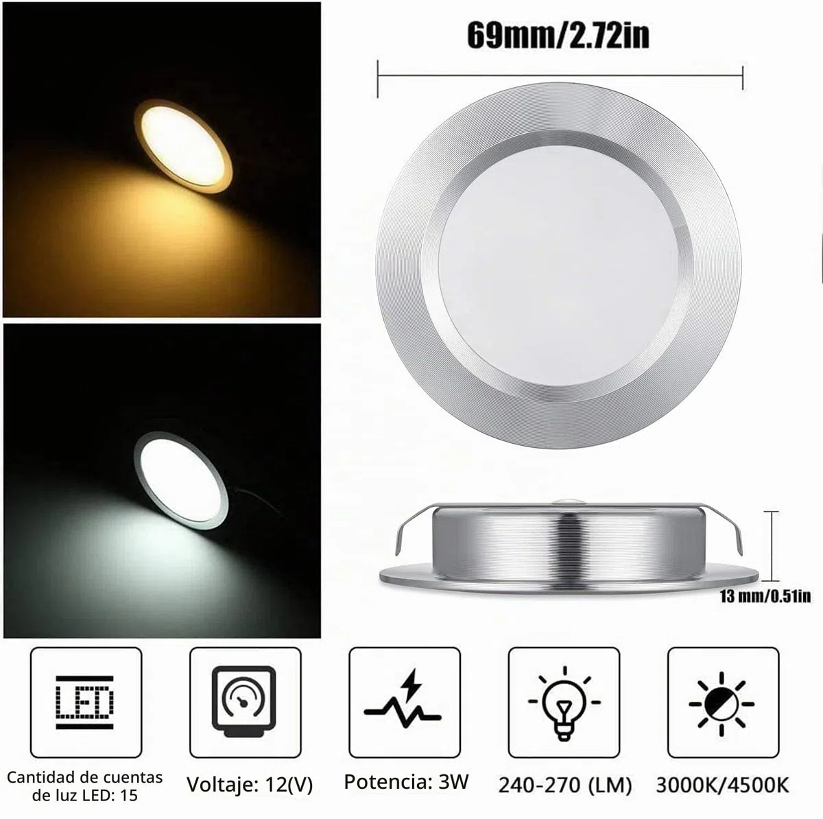 Luces LED de 12 V para autocaravana, remolque, barco, natural 4500K, 300 lúmenes, 3 W, baja tensión, mini lámpara empotrada regulable