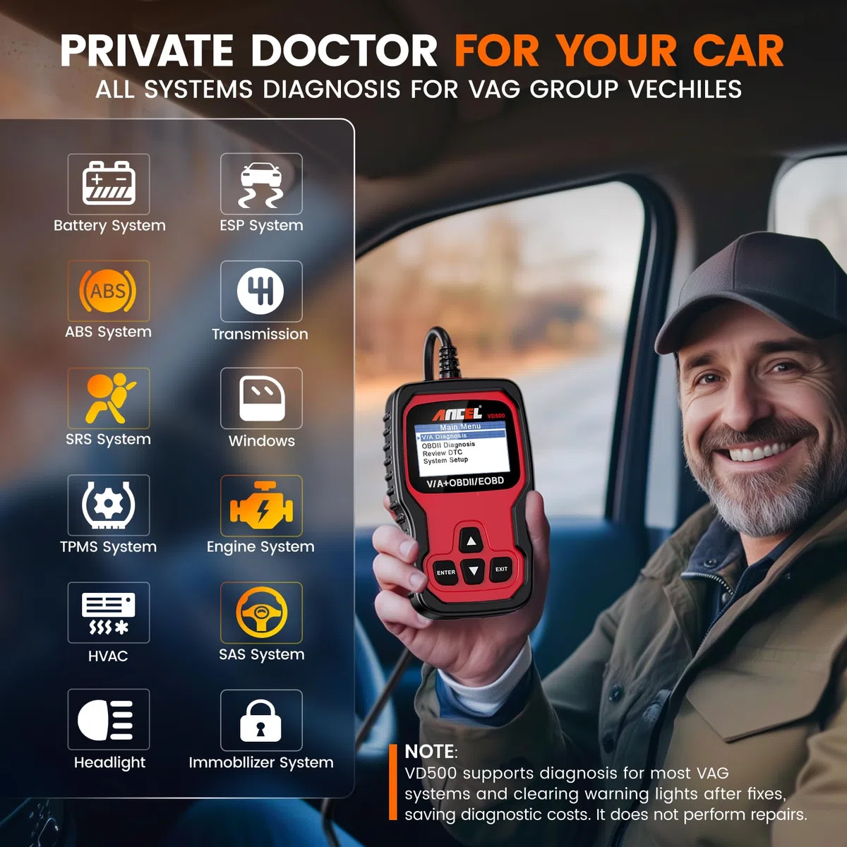 ANCEL VD500 OBD2 Diagnosis Coche de Todo el Sistema para VAG para VW para Audi para Seat, Lector de Código OBD2 EPB ABS SRS Cambio de Aceite del Motor y Restablecimiento de Las Pastillas de Freno