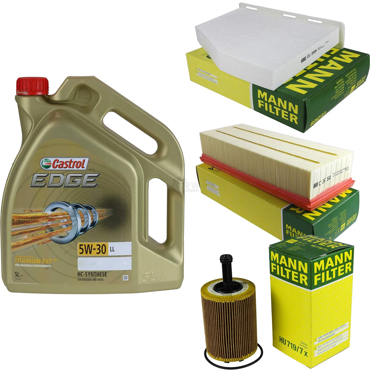Juego de filtros de 5 litros de aceite de motor EDGE Titanium FST 5W-30 LL MANN-FILTER Filtro de habitáculo, filtro de aire, filtro de aceite