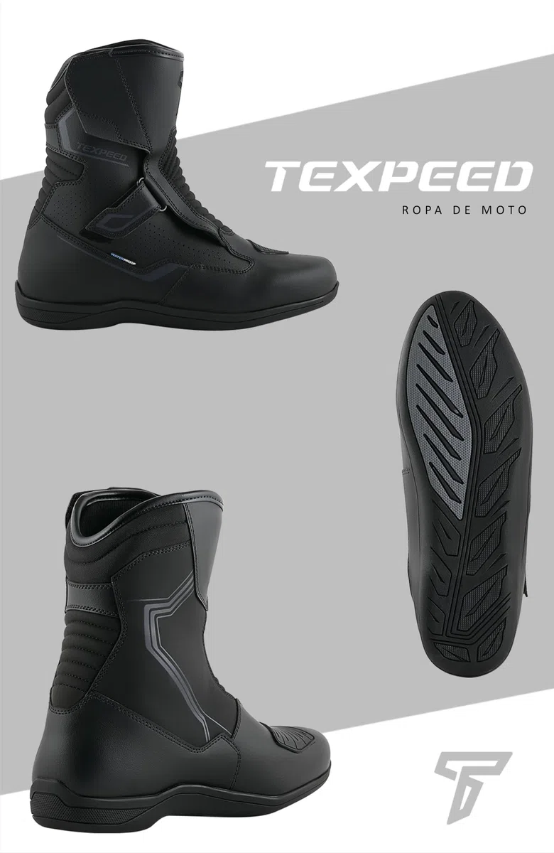 Texpeed Botas Moto Hombre Cuero - Cruiser 100% Botas De Moto Impermeables De Corte Corto Homologadas Por La CE - Negro - EU 43