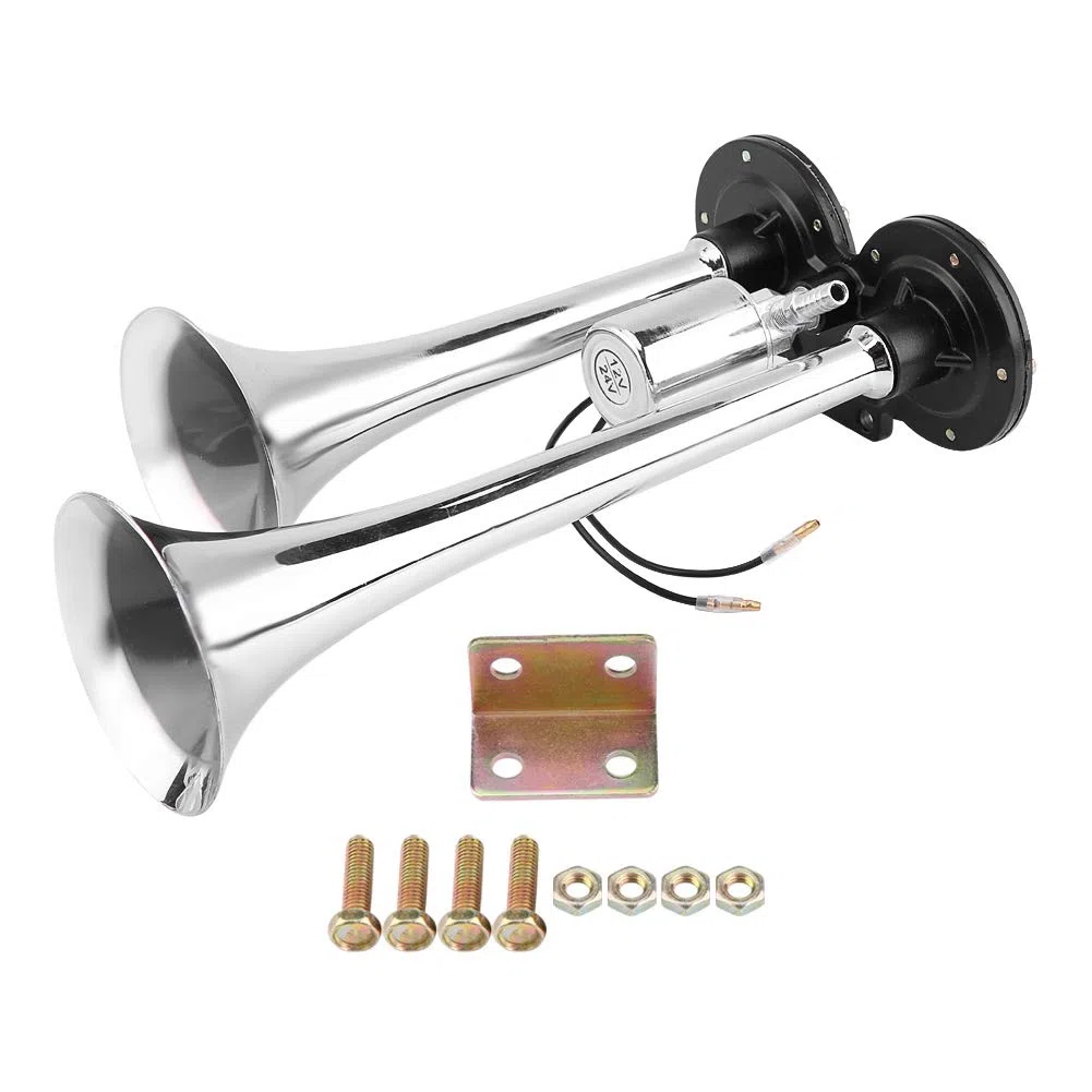 Bocina de Aire para Camión, 150db, 12v/24v, Doble Trompeta, Zinc Cromado, Negro, para Camión Tren Auto Van Barco