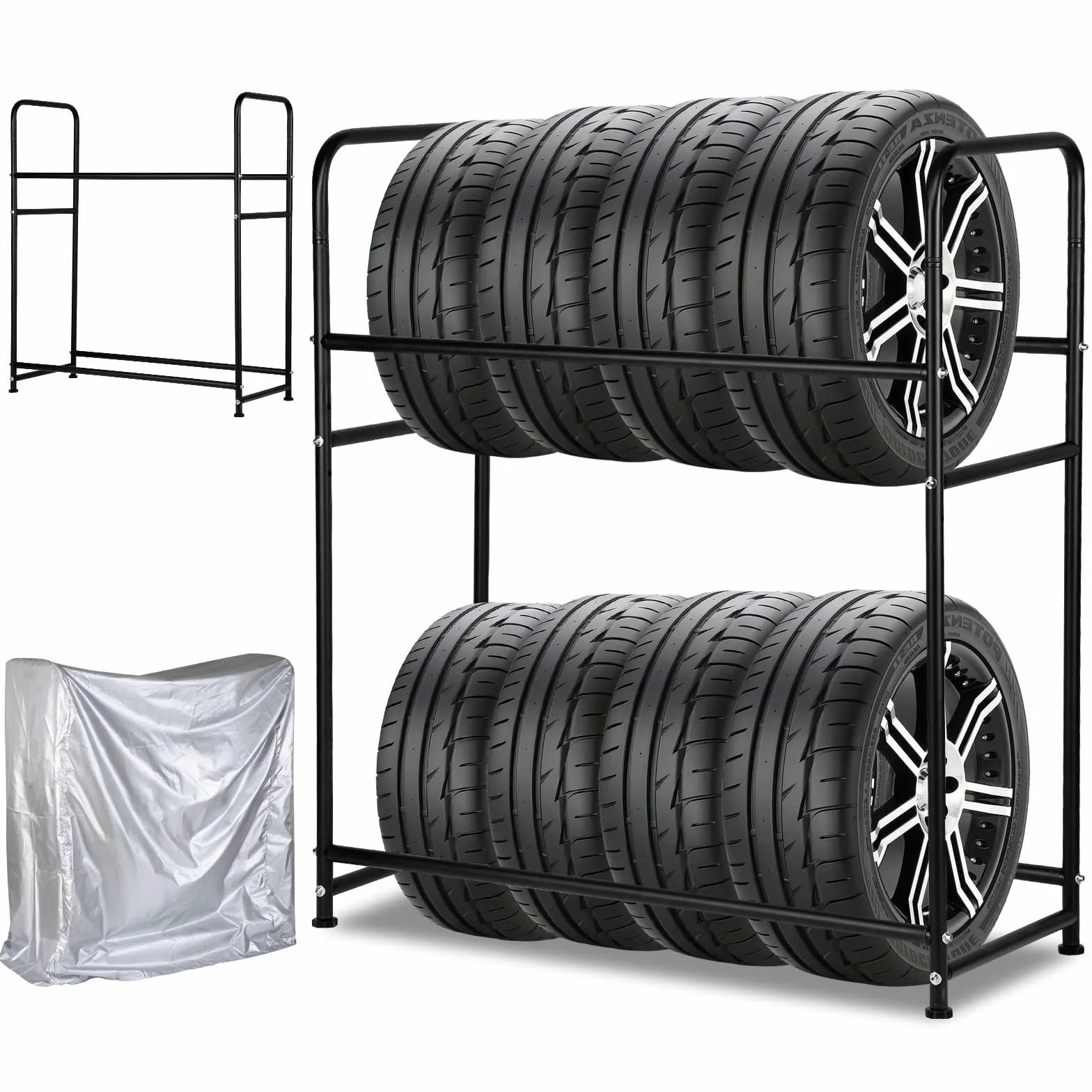 estante del neumático, 107 x 46 x 117cm, para 8 neumáticos, capacidad de carga 180kg, estante del almacenaje del ajuste de la altura de los, con la cubierta de la protección, para garaje