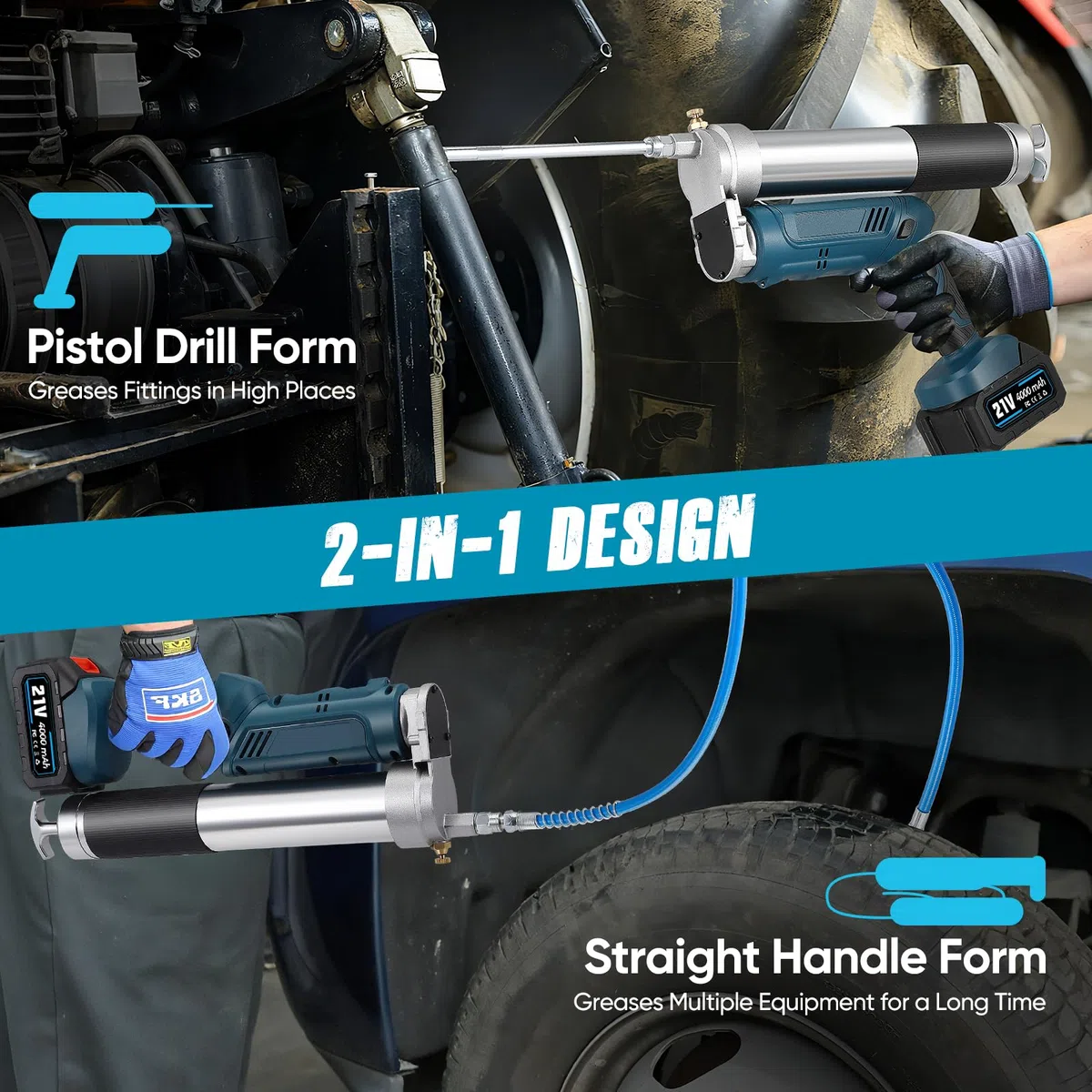 Engrasadora Bateria, Battery Grease Gun de Alta Eficiencia de 5.3oz/min 12 000PSI con 2*4 Ah y Cargador, Manguera de 100 cm, luz LED, Capacidad de 600 ml para Camiones, Granjas, Construcción