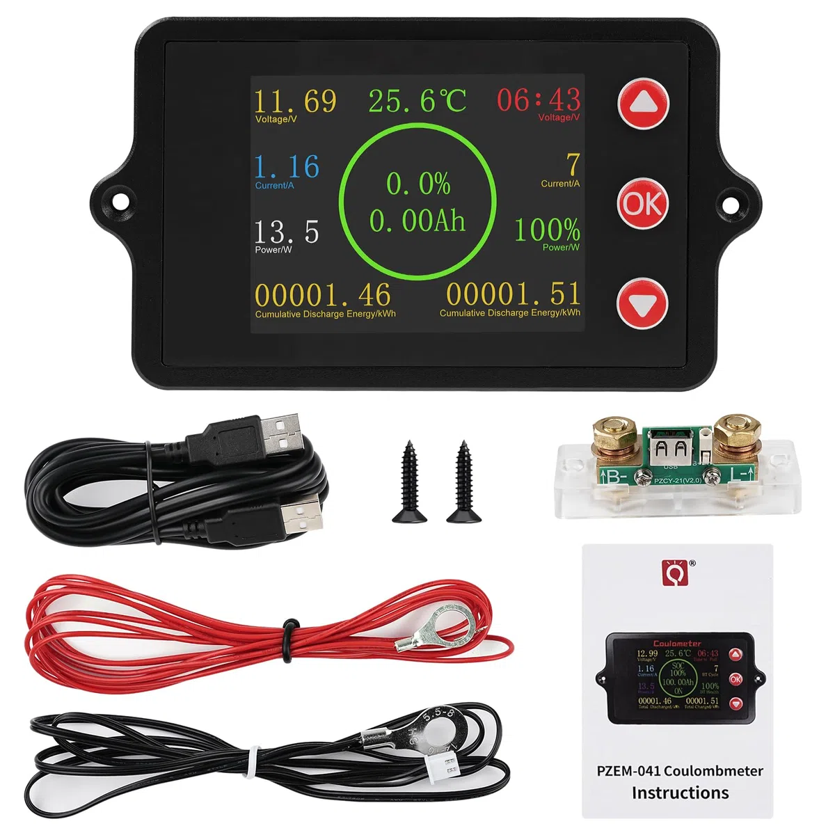 Monitor de Batería DC8-100V 100A comprobador de batería capacidad Indicador de Voltaje corriente con 100A corriente de cobre puro shunt sensor de temperatura y función de alarma