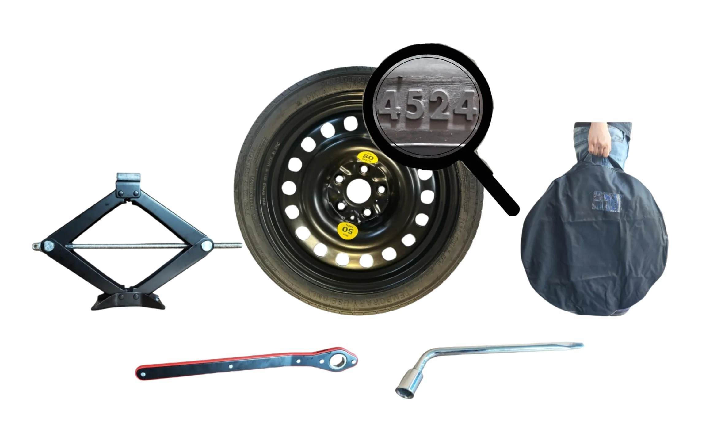 Kit rueda de repuesto de 16" compatible con NISSAN JUKE 2010-2019, con gato, llave y funda 135/90r16