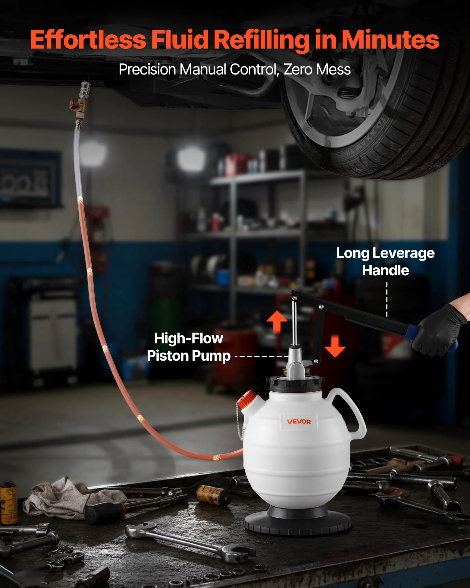 VEVOR Bomba de Líquido de Transmisión Manual Capacidad 7,5 L, Kit de Llenador de Aceite, con 8 Adaptadores de ATF y Manguera de 150 cm, Tanque HDPE, Dispensador de Aceite para Coches Barcos Motos