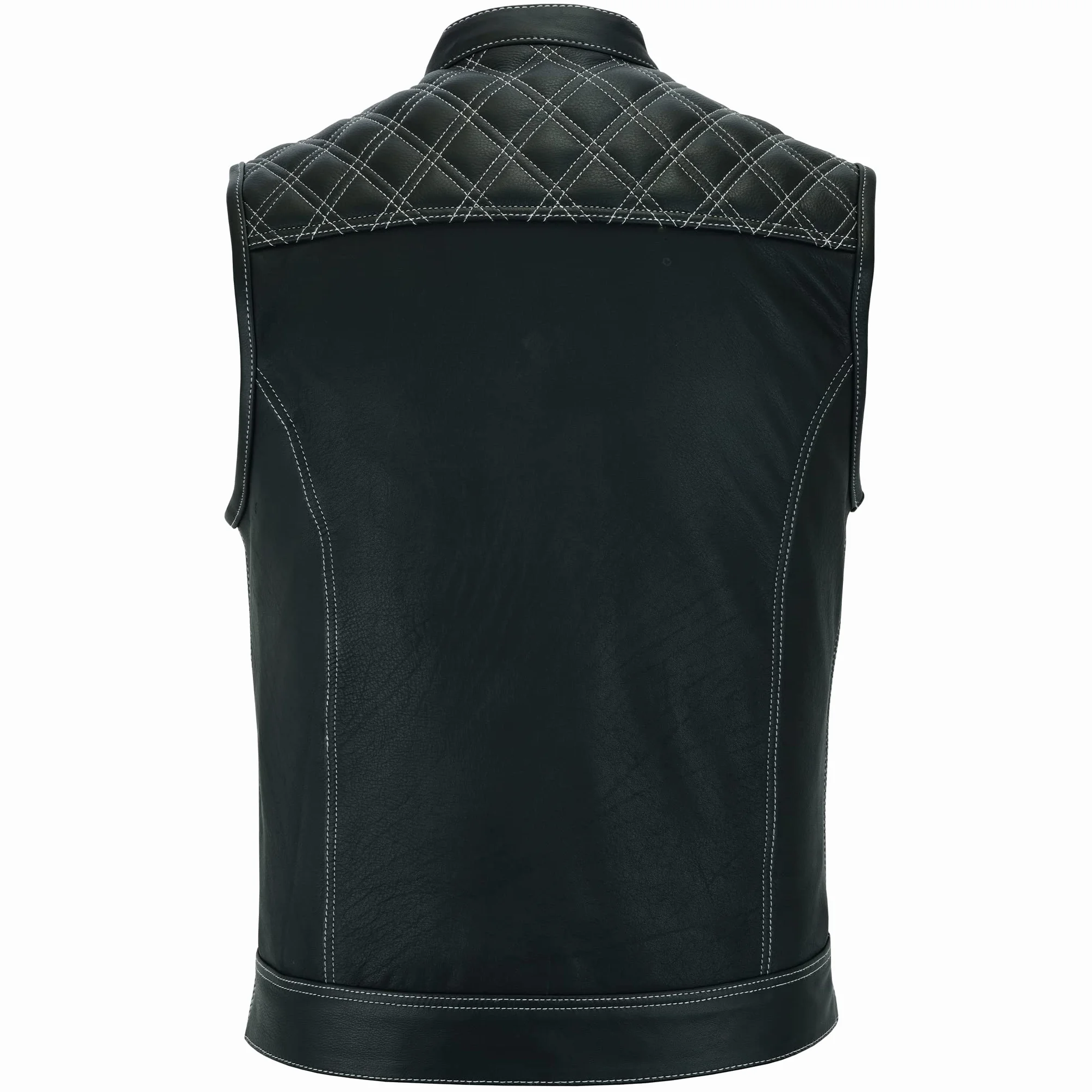 Leatherick Groove Club - Chaleco de cuero negro para hombre, diseño tradicional de cachemira, con costuras de rombos blancos