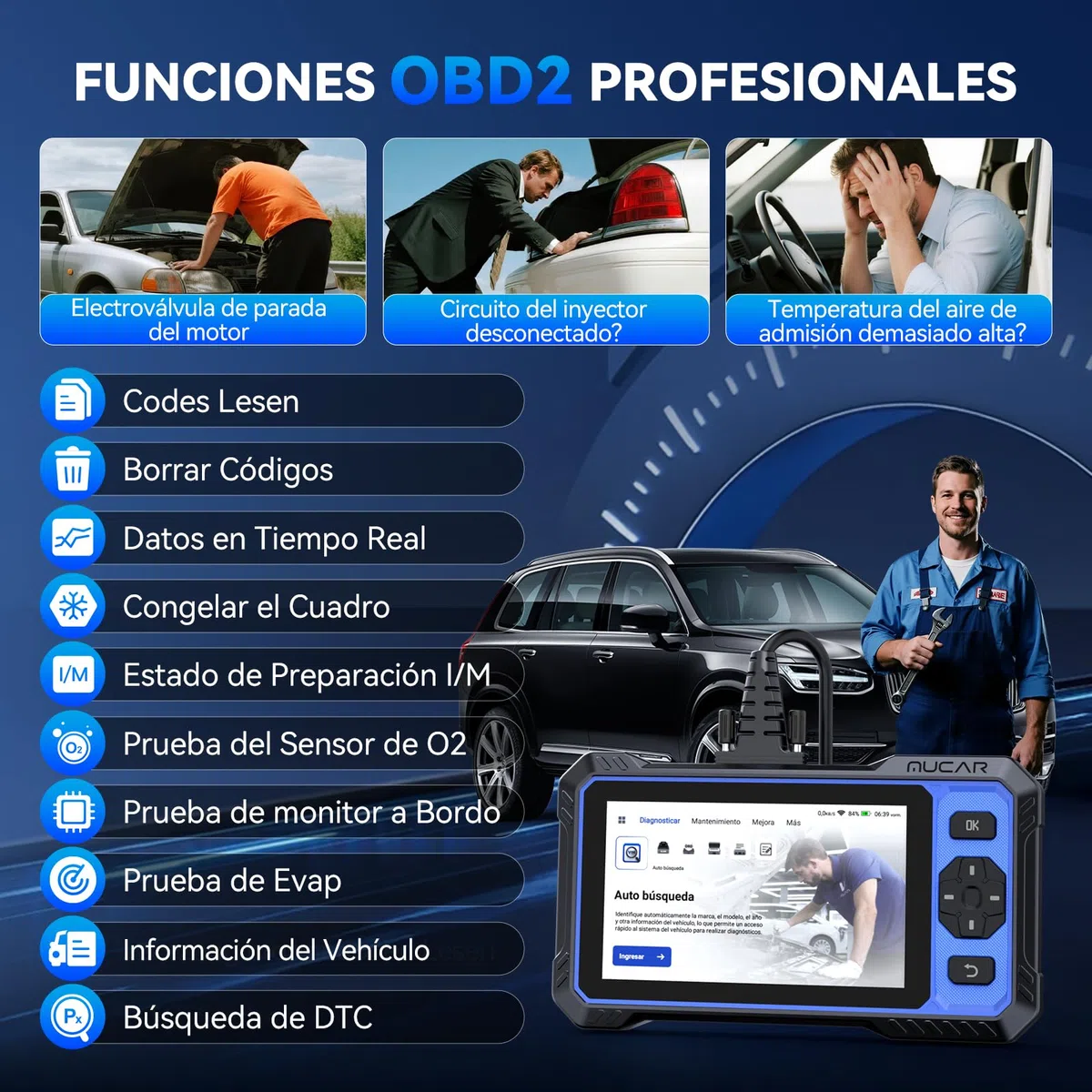 OBD2 Diagnosis, MUCAR 682 Diagnosis Coche Multimarca de Todos Sistema, Diagnosis Coche con 20 Funciones de Reinicio/Vin Automático/Prueba Activa-Actualización Gratuita