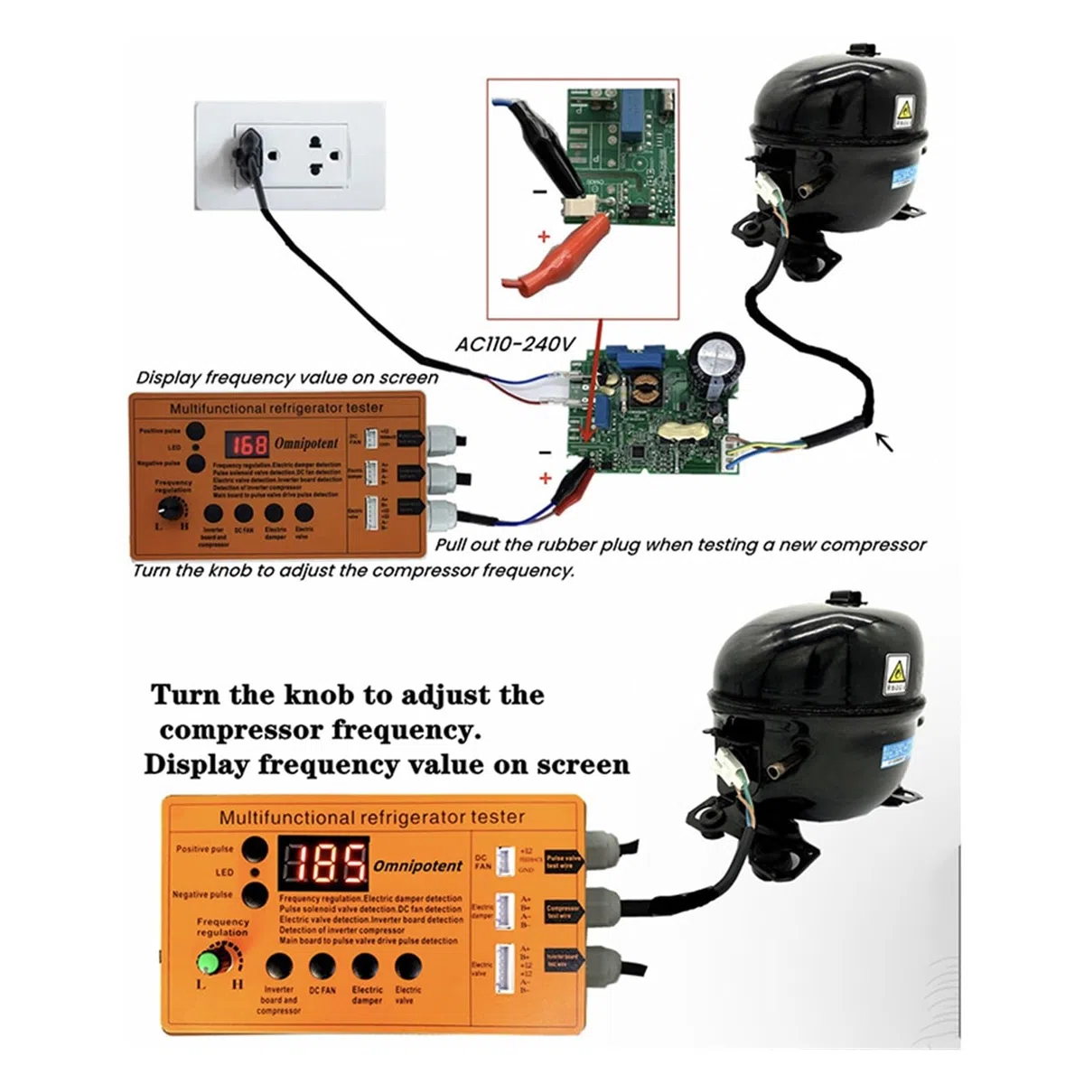 Placa inversora de refrigerador, compresor, válvula solenoide, compuerta ventilador, comprobador eléctrica Aplicaciones versátiles(11-Functions)