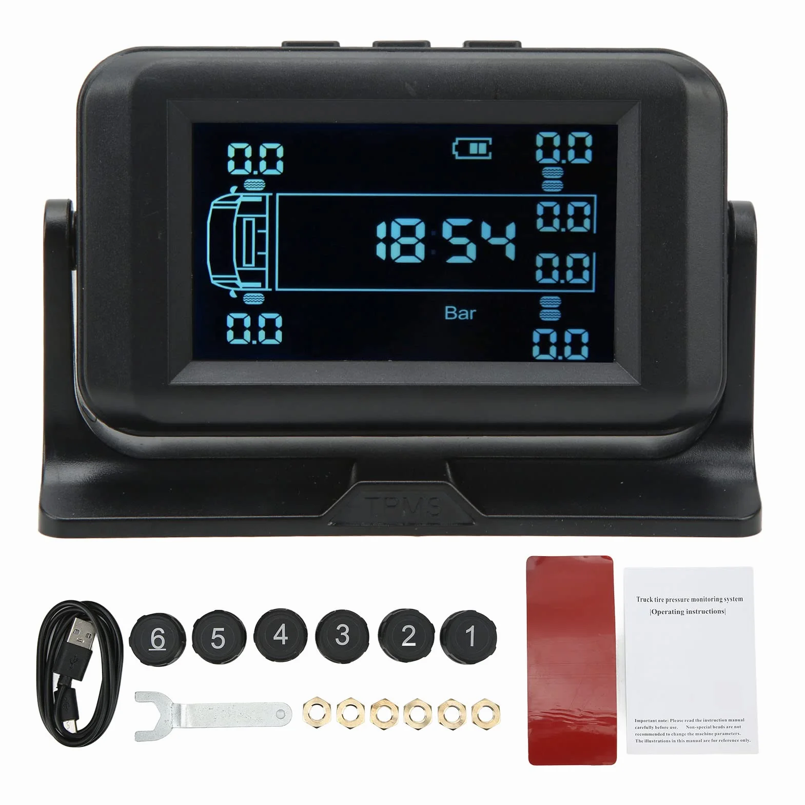 de Control de Presión de Neumáticos 6 Sensores Externos para Camión de 6 Ruedas RV Alarma de Alta Presión Baja IP67 Fuente de Alimentación Solar USB