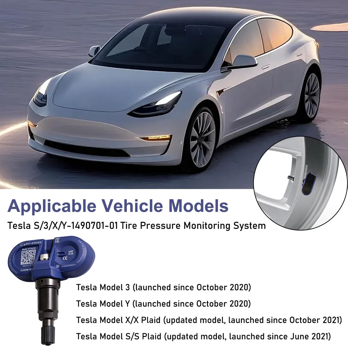 Sensor de presión de neumáticos Bluetooth TPMS para Tesla, TPMS sistema de control de presión de neumáticos compatible con el modelo 3 X Y, sensor de repuesto, fácil instalación (1 unidad)