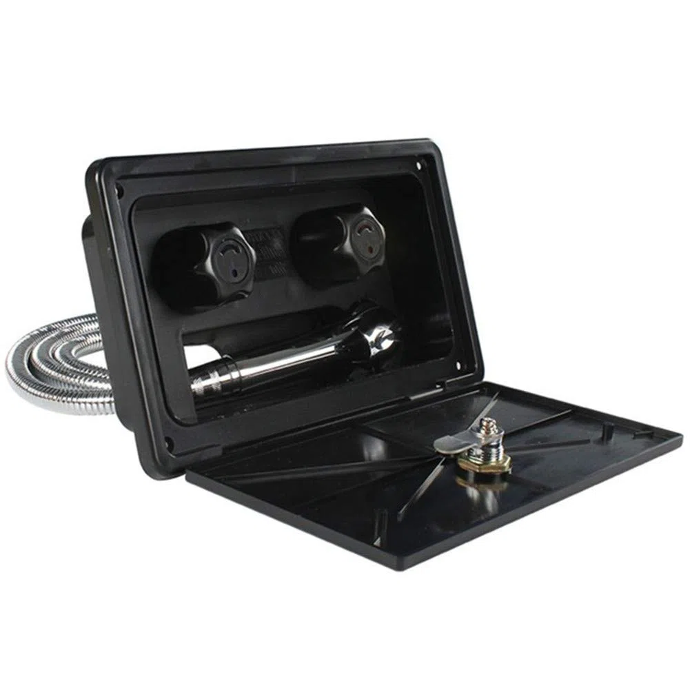 Kit de Caja de Ducha Exterior para Caravana, MoreChoice Caja de Ducha Exterior con Cabezal de Ducha Manguera Grifo Interruptor de Frío Caliente Accesorios para Autocaravana para Barco Caravana,Negro