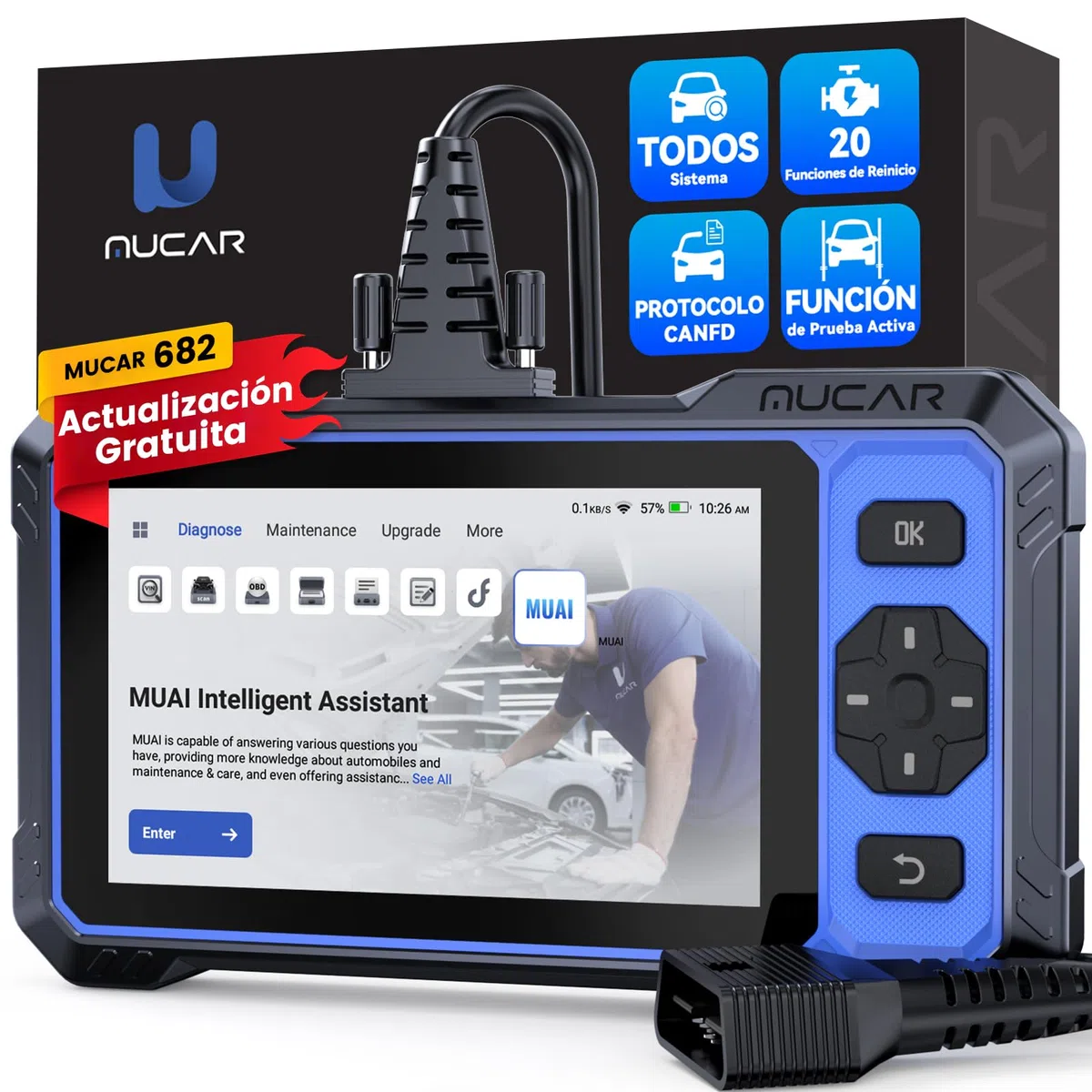 OBD2 Diagnosis, MUCAR 682 Diagnosis Coche Multimarca de Todos Sistema, Diagnosis Coche con 20 Funciones de Reinicio/Vin Automático/Prueba Activa-Actualización Gratuita