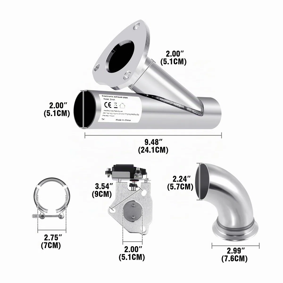 Kit de silenciador de escape eléctrico de 51mm 2" en acero inoxidable con interruptor de válvula y control remoto